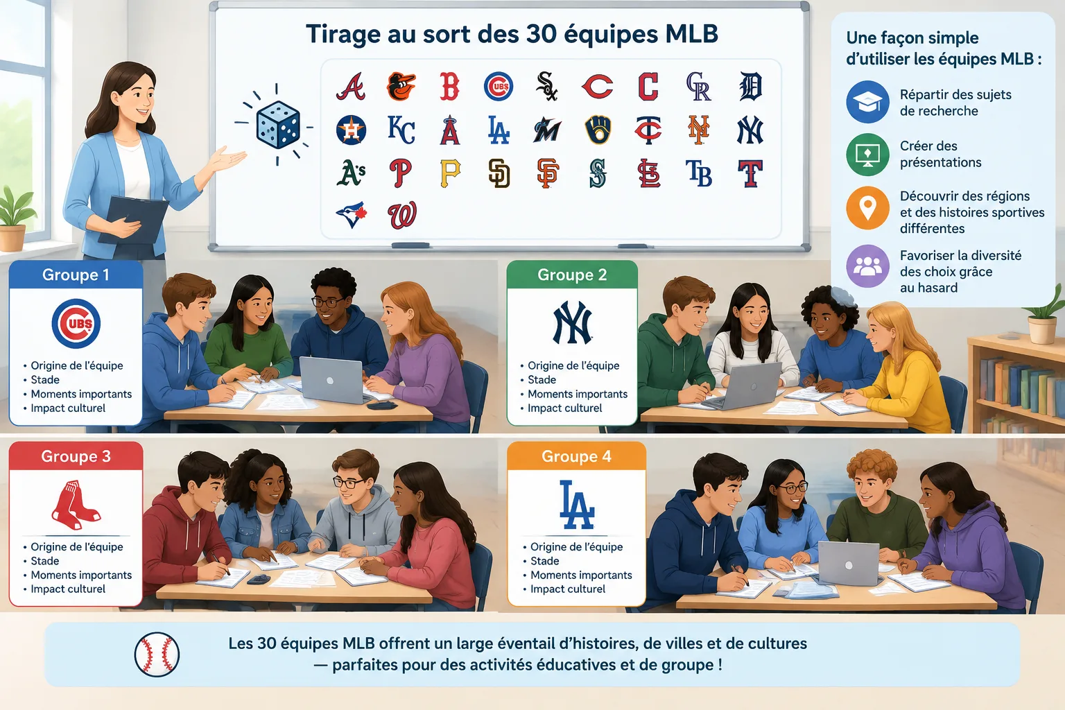 Infographie simple montrant des participants répartis en groupes selon des équipes de baseball tirée