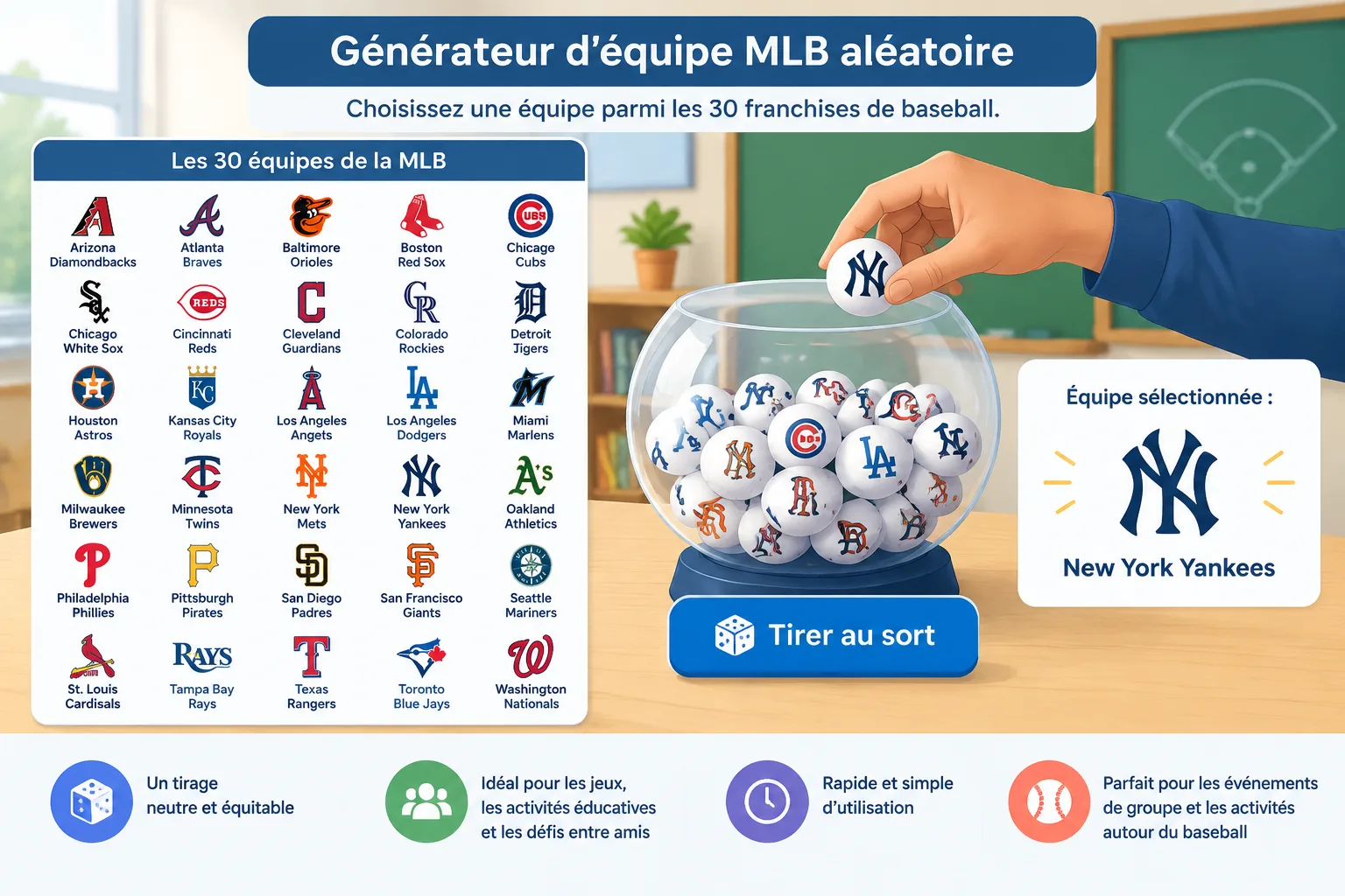 Illustration pédagogique montrant une grille de 30 équipes de baseball avec un mécanisme de tirage a
