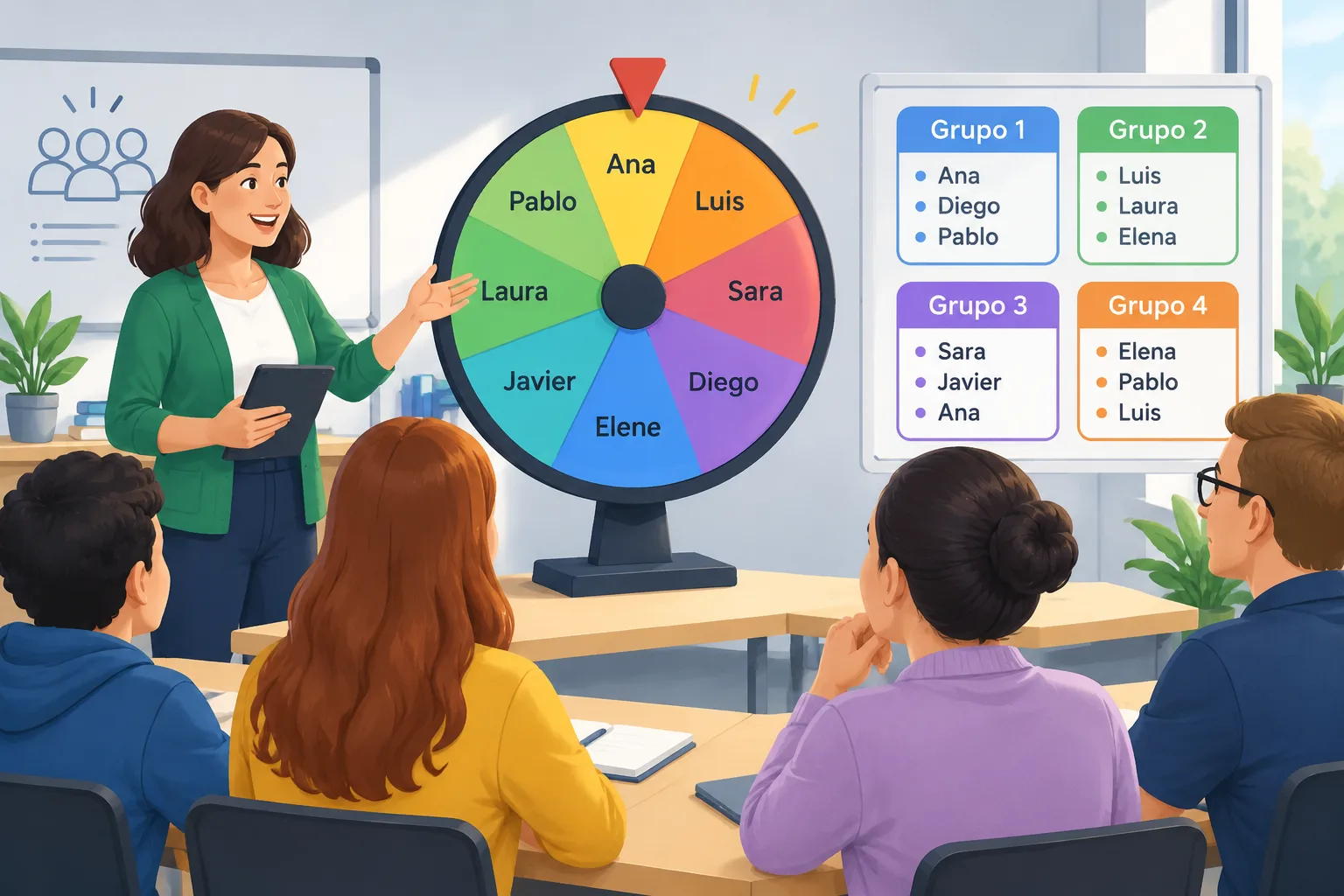Ilustración educativa de una rueda digital que distribuye nombres en diferentes grupos para una clas