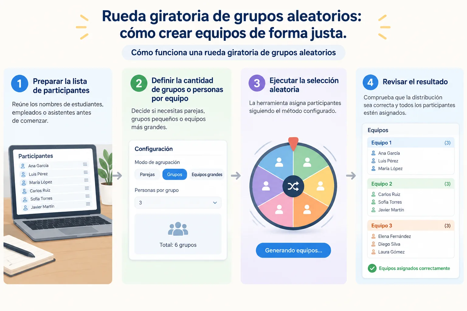 Diagrama simple mostrando los pasos ingresar nombres seleccionar grupos y obtener equipos aleatorios
