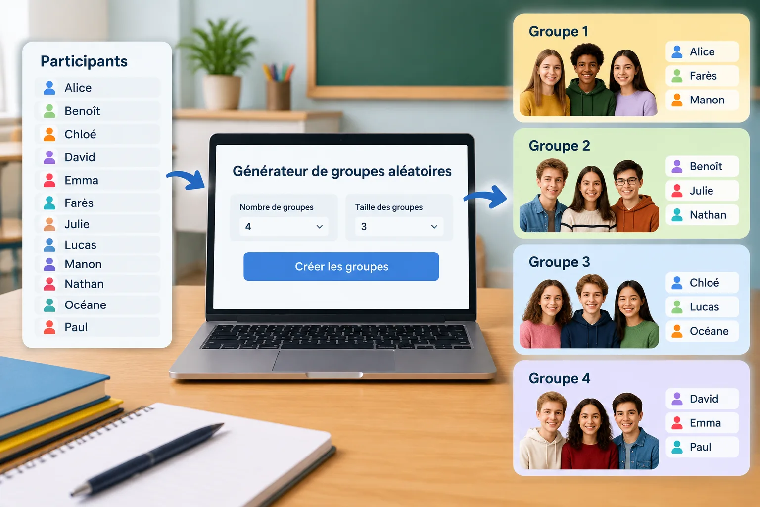Illustration pédagogique montrant une liste de participants transformée en plusieurs groupes équilib