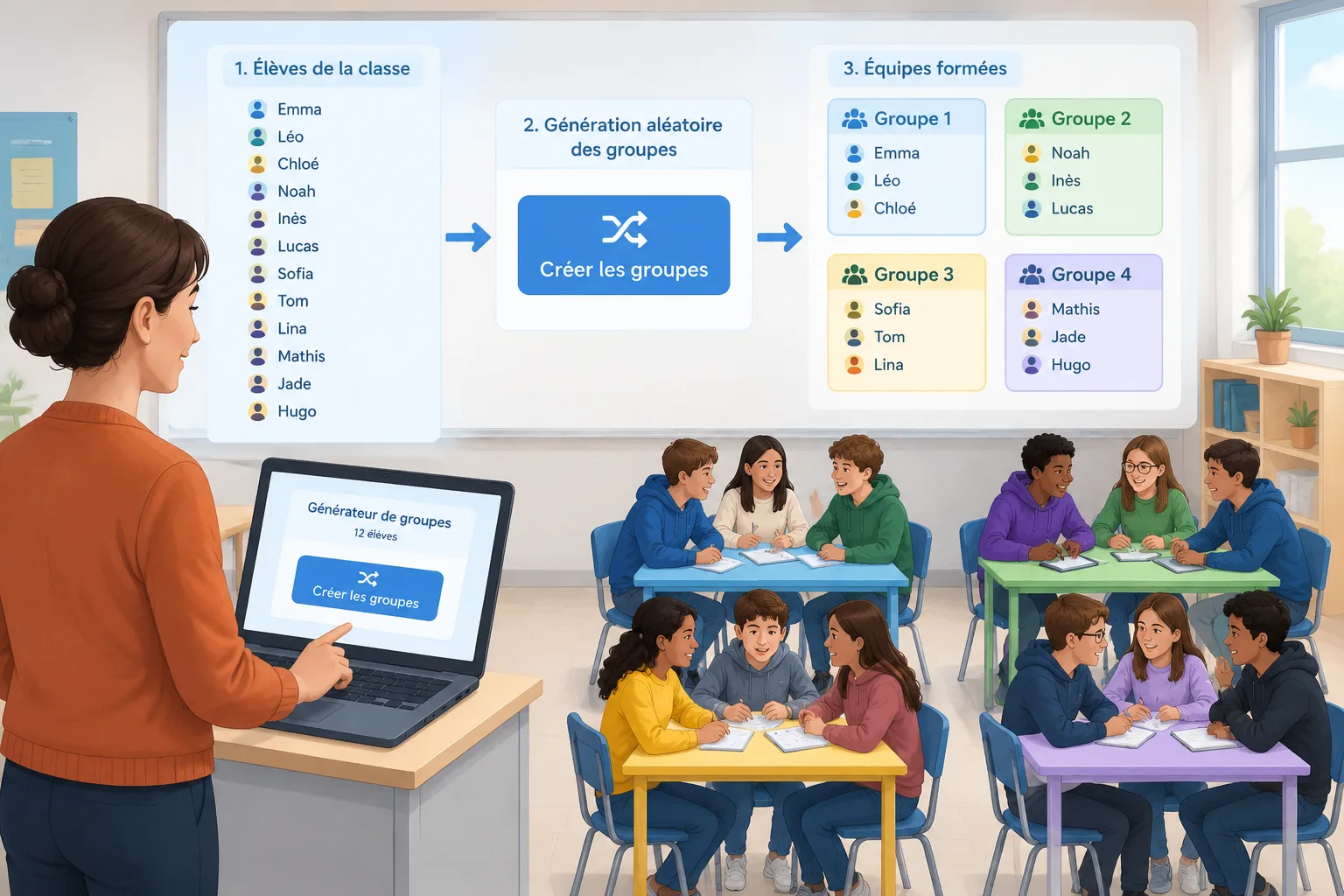 Diagramme simple montrant une classe divisée automatiquement en petits groupes pour une activité col