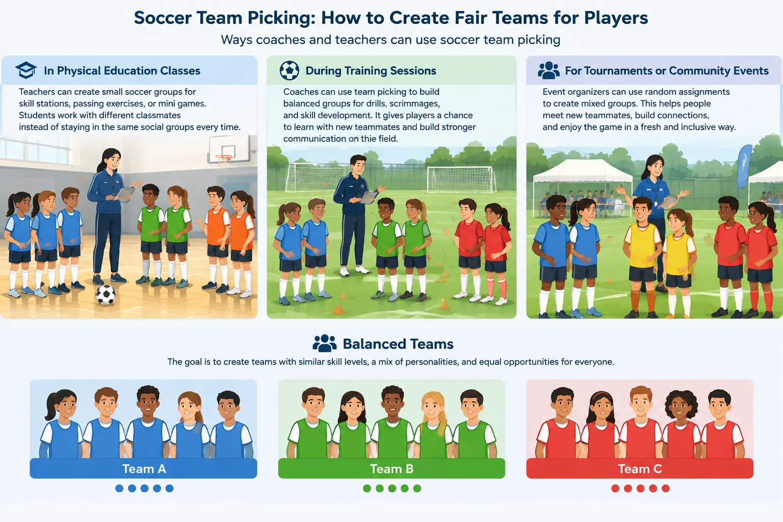 Neutral sports activity diagram showing participants assigned into multiple balanced soccer teams