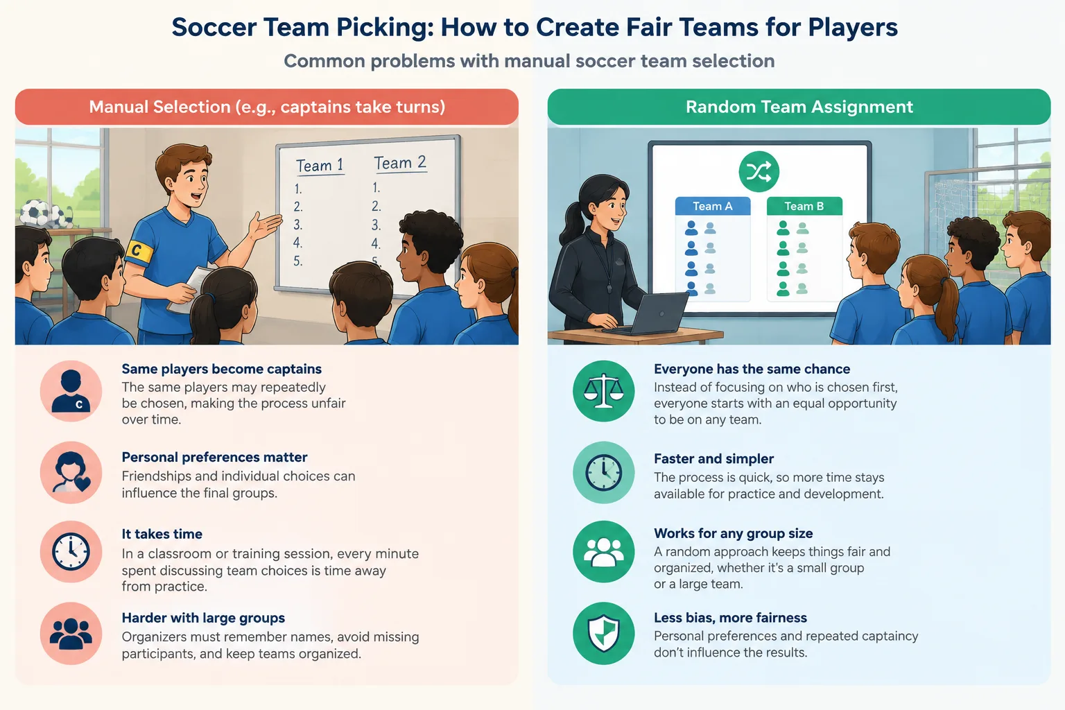 Simple infographic comparing manual player selection and random soccer team assignment workflows