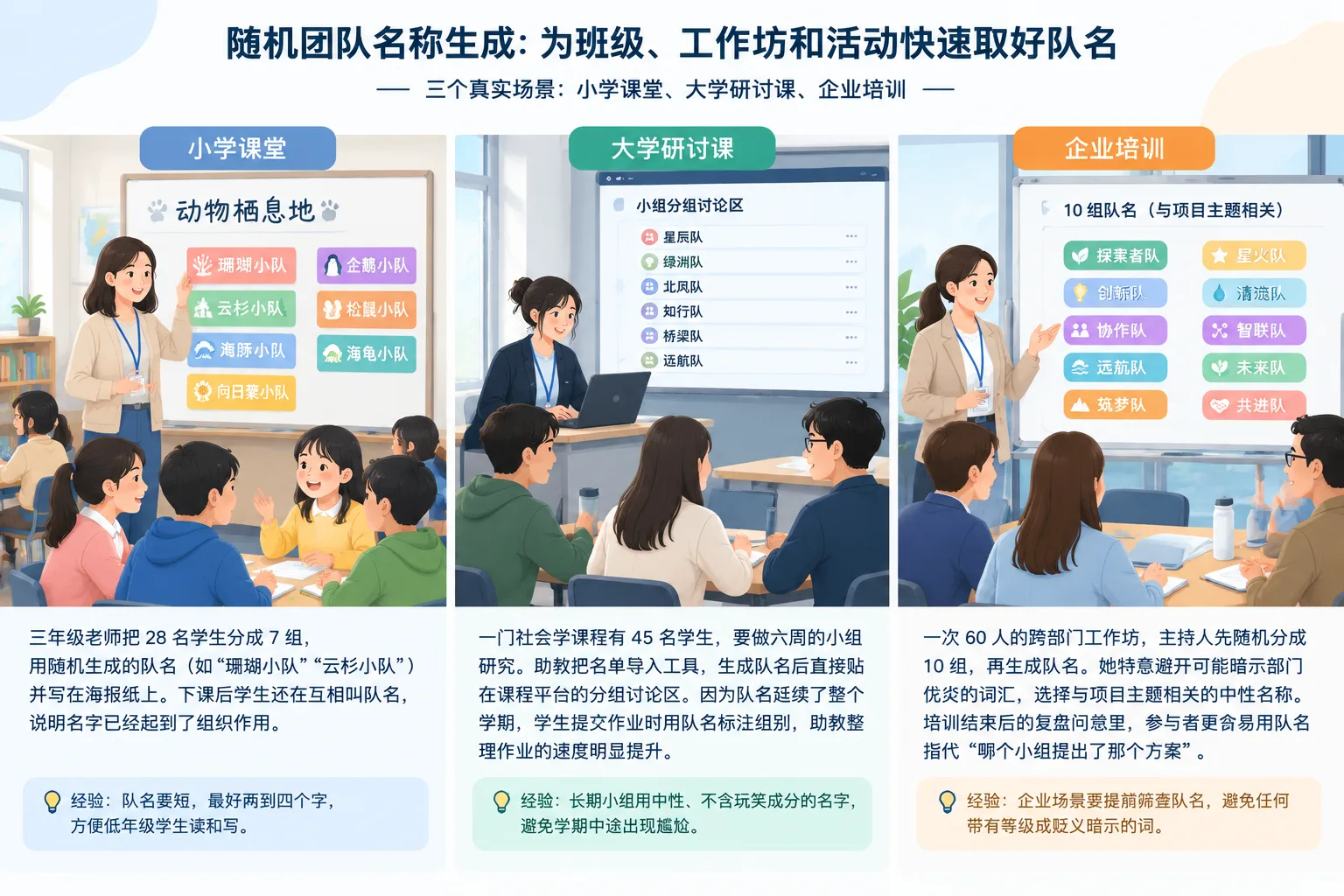Flat illustration of a facilitator labeling five workshop tables