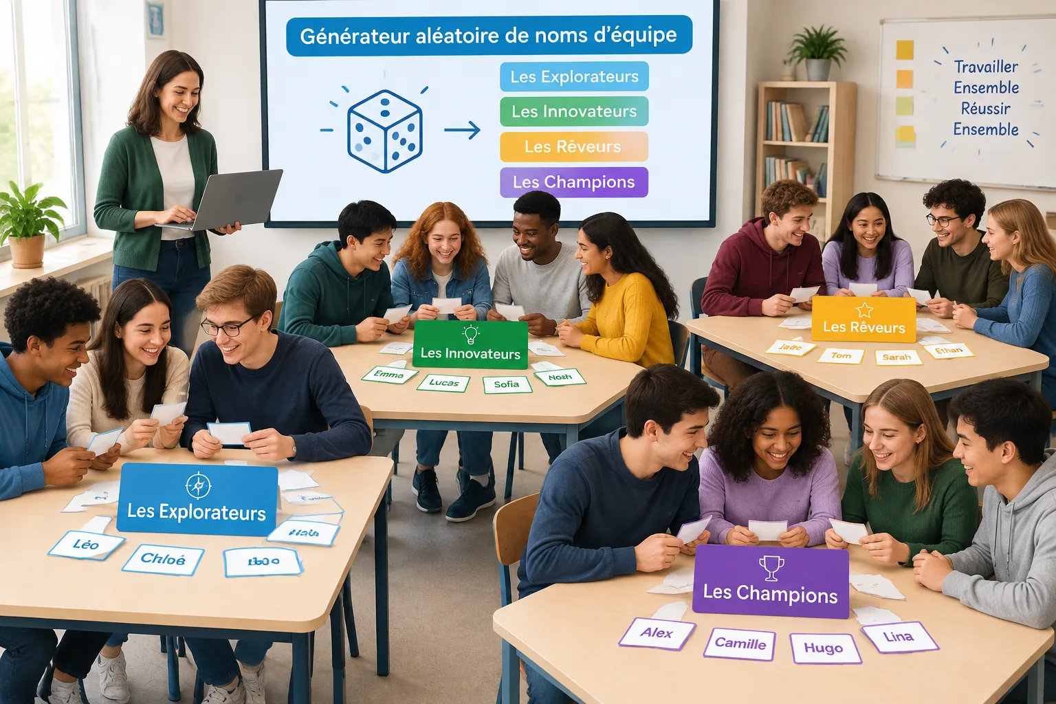 Illustration pédagogique montrant plusieurs équipes de travail avec des cartes de noms générées aléa