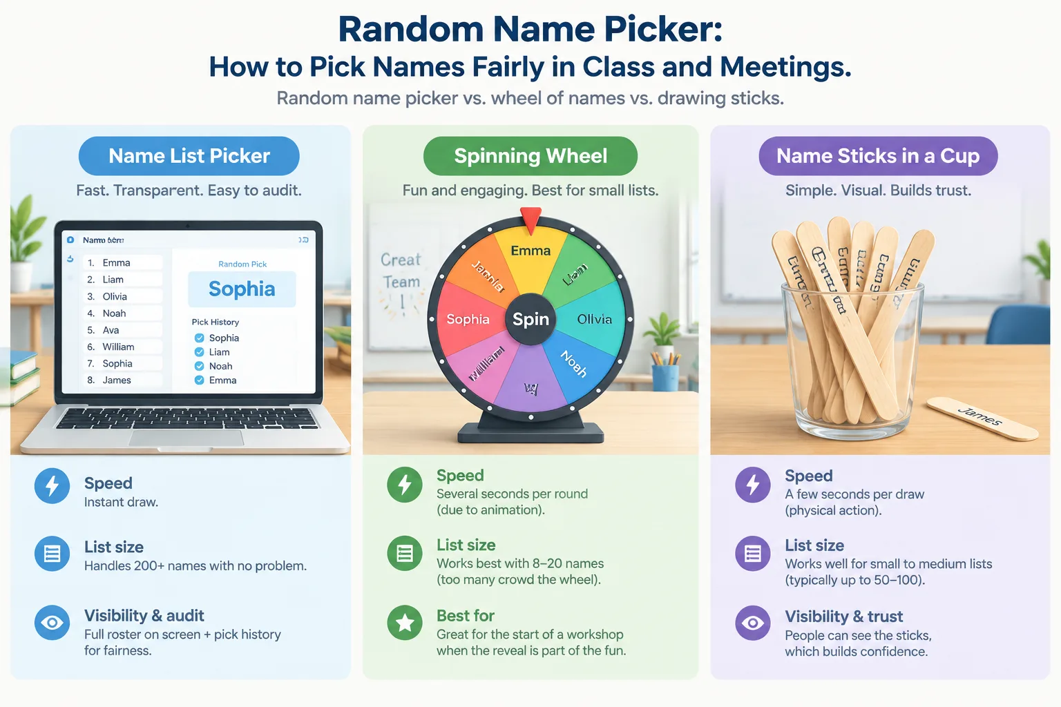 Side-by-side comparison graphic of three fair selection methods: a name list picker