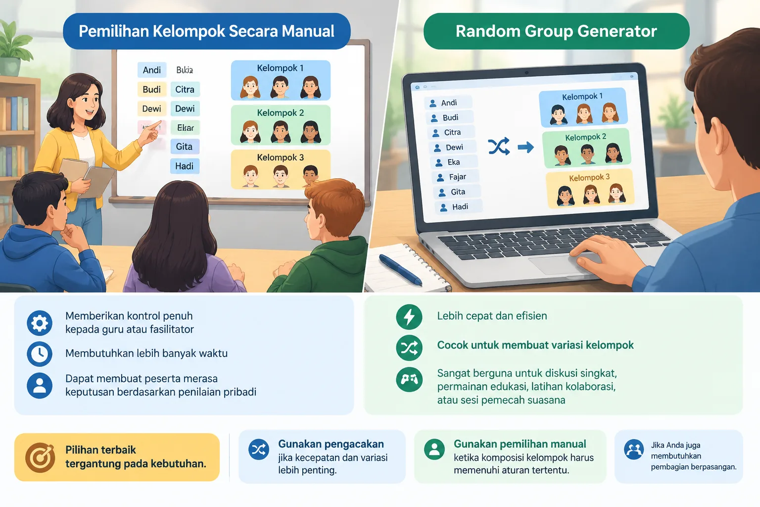 comparison infographic showing manual group selection versus automated random grouping workflow