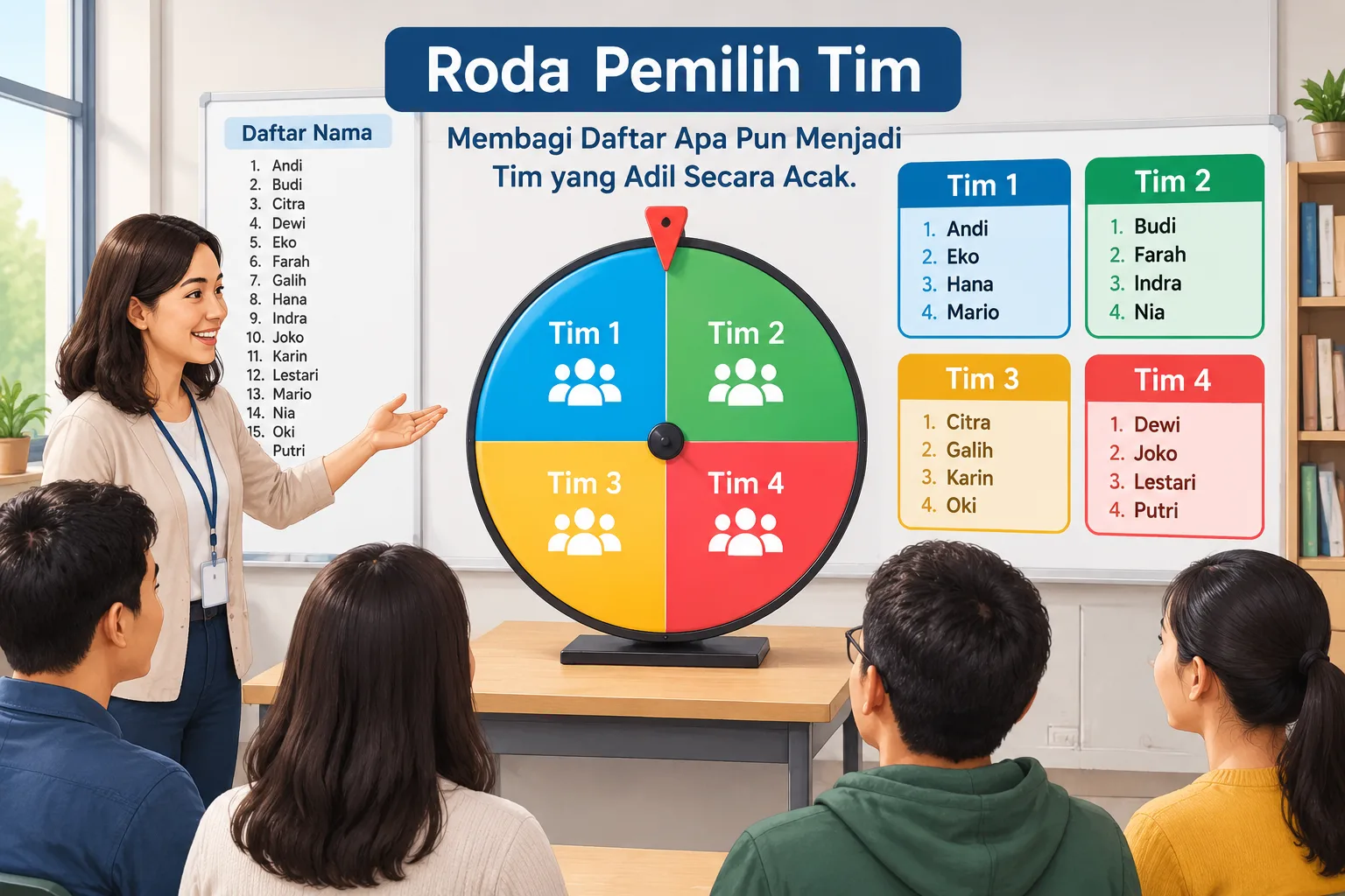 Roda pemilih tim dengan daftar nama di sekelilingnya terbagi menjadi empat tim berwarna berbeda