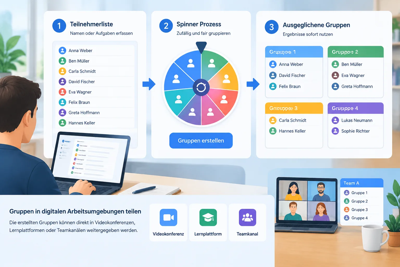 Simple workflow illustration showing participant list, spinner process, and final balanced groups