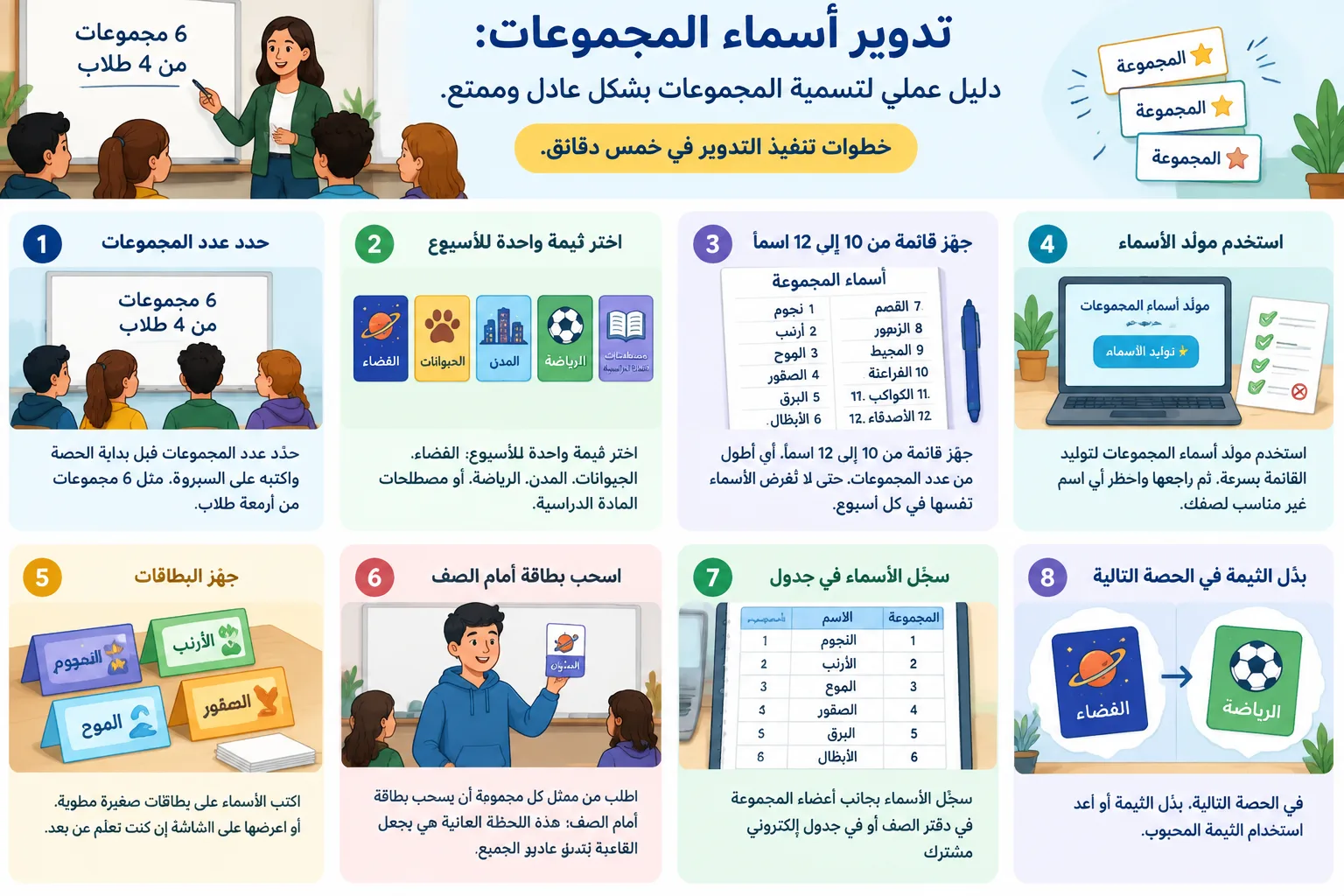 Instructional diagram of a five-step group name rotation workflow: choose theme