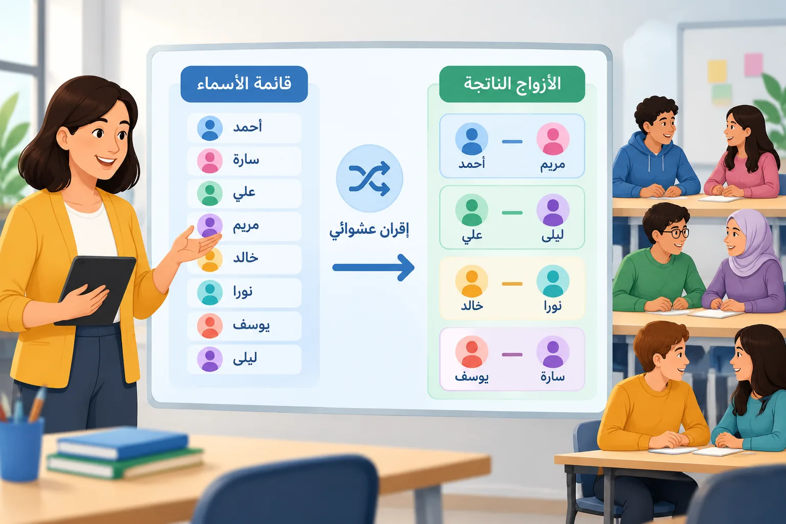 مخطط تعليمي يوضح قائمة أسماء تتحول إلى أزواج منظمة باستخدام أشكال بسيطة