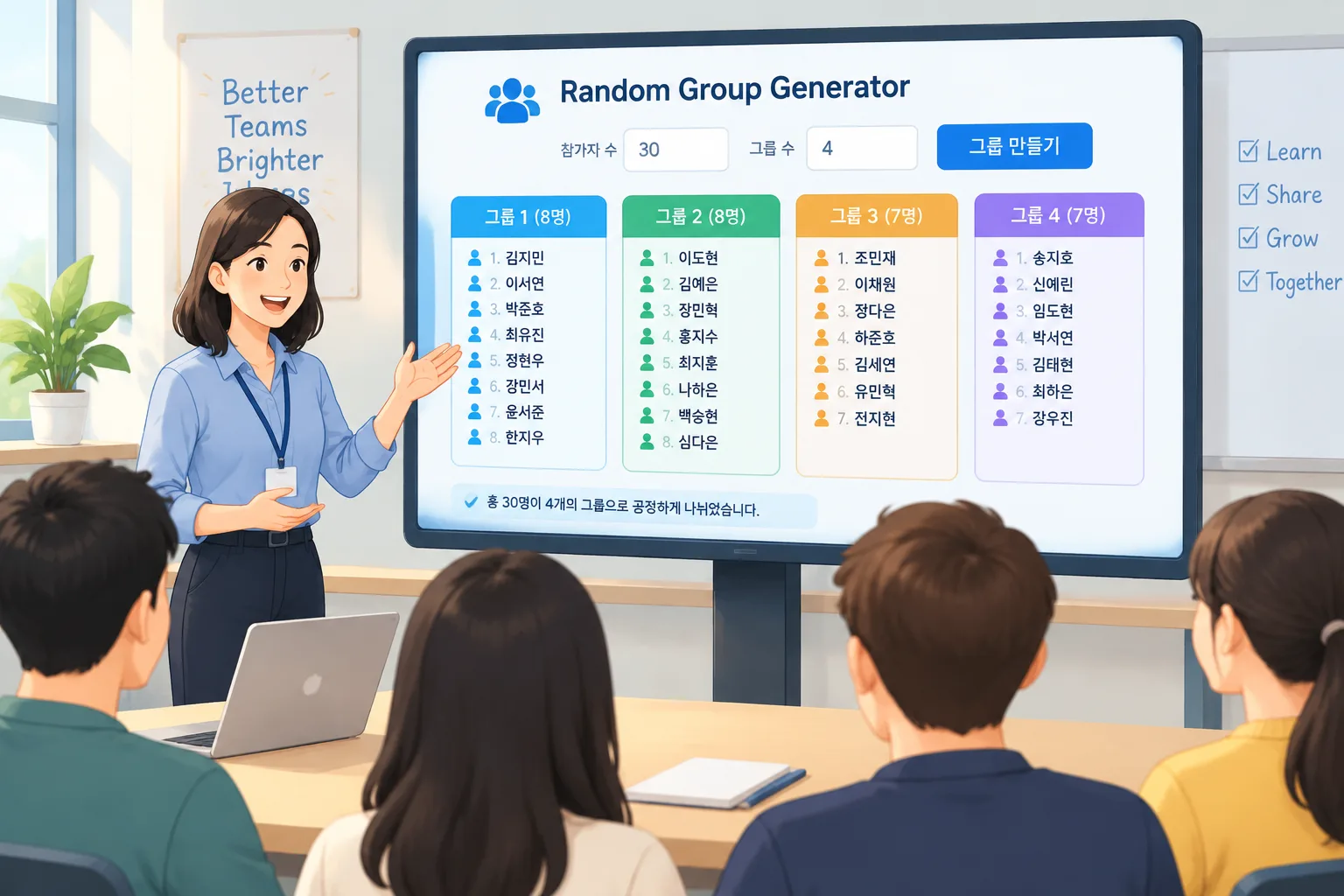 Clean instructional illustration of a facilitator dividing a list of names into four balanced groups