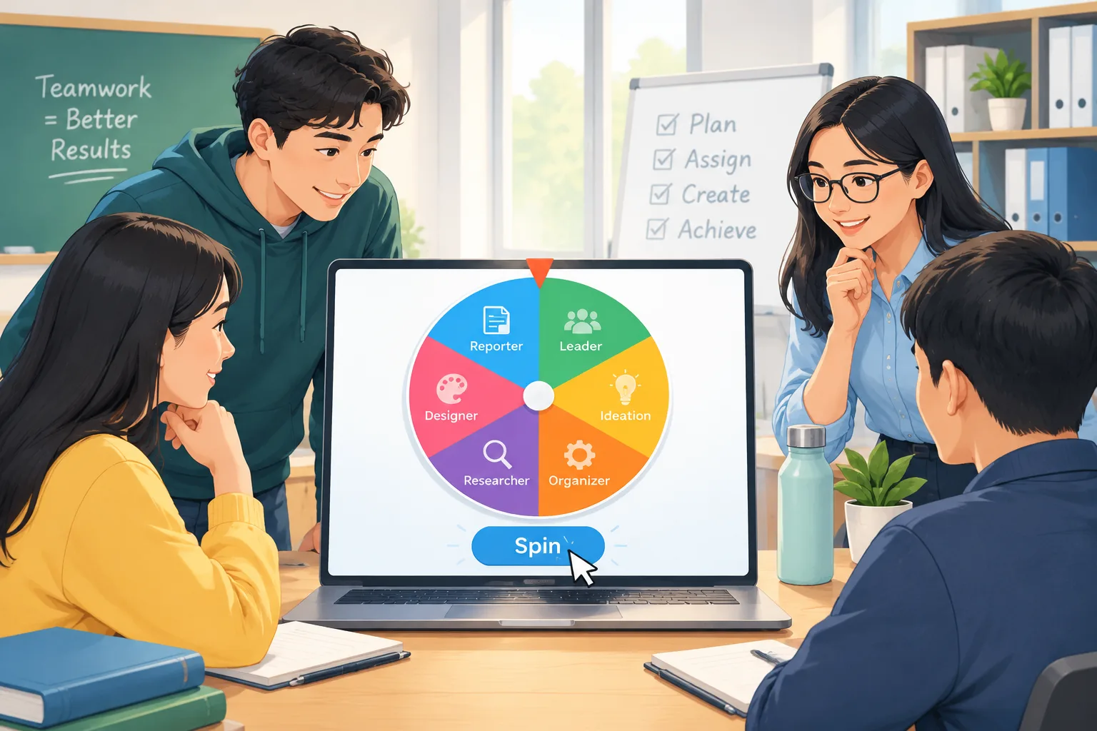 Clean instructional illustration of a spinning wheel divided into colored segments labeled