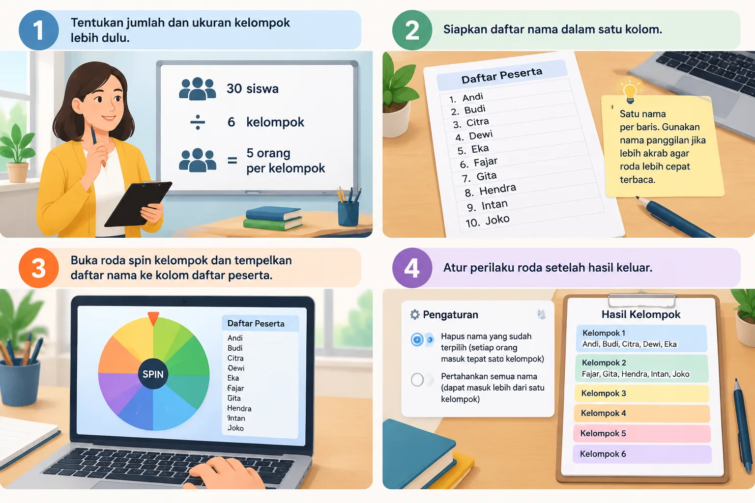 Diagram alur empat langkah sederhana: menempelkan daftar nama