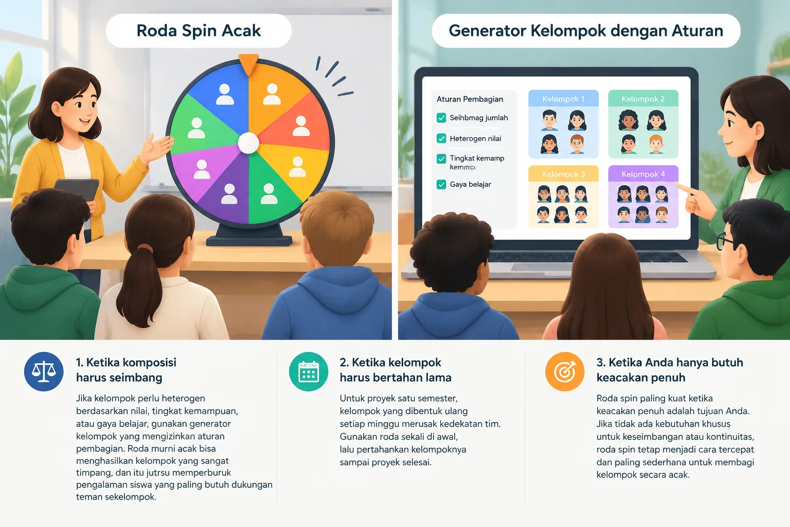 Perbandingan dua panel: roda spin acak di panel kiri dan generator kelompok dengan aturan keseimbang