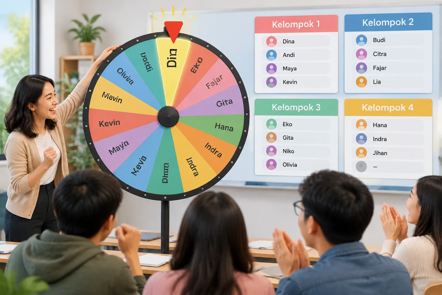 Diagram roda putar dengan segmen berisi nama peserta dan panah penunjuk yang berhenti di satu nama