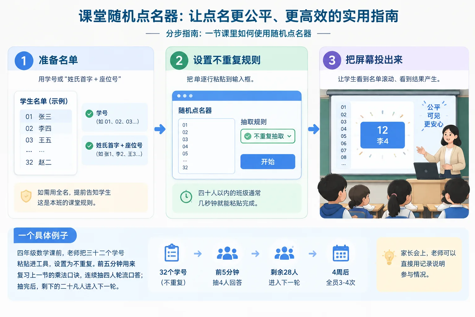 Simple three-step flow infographic: paste student list