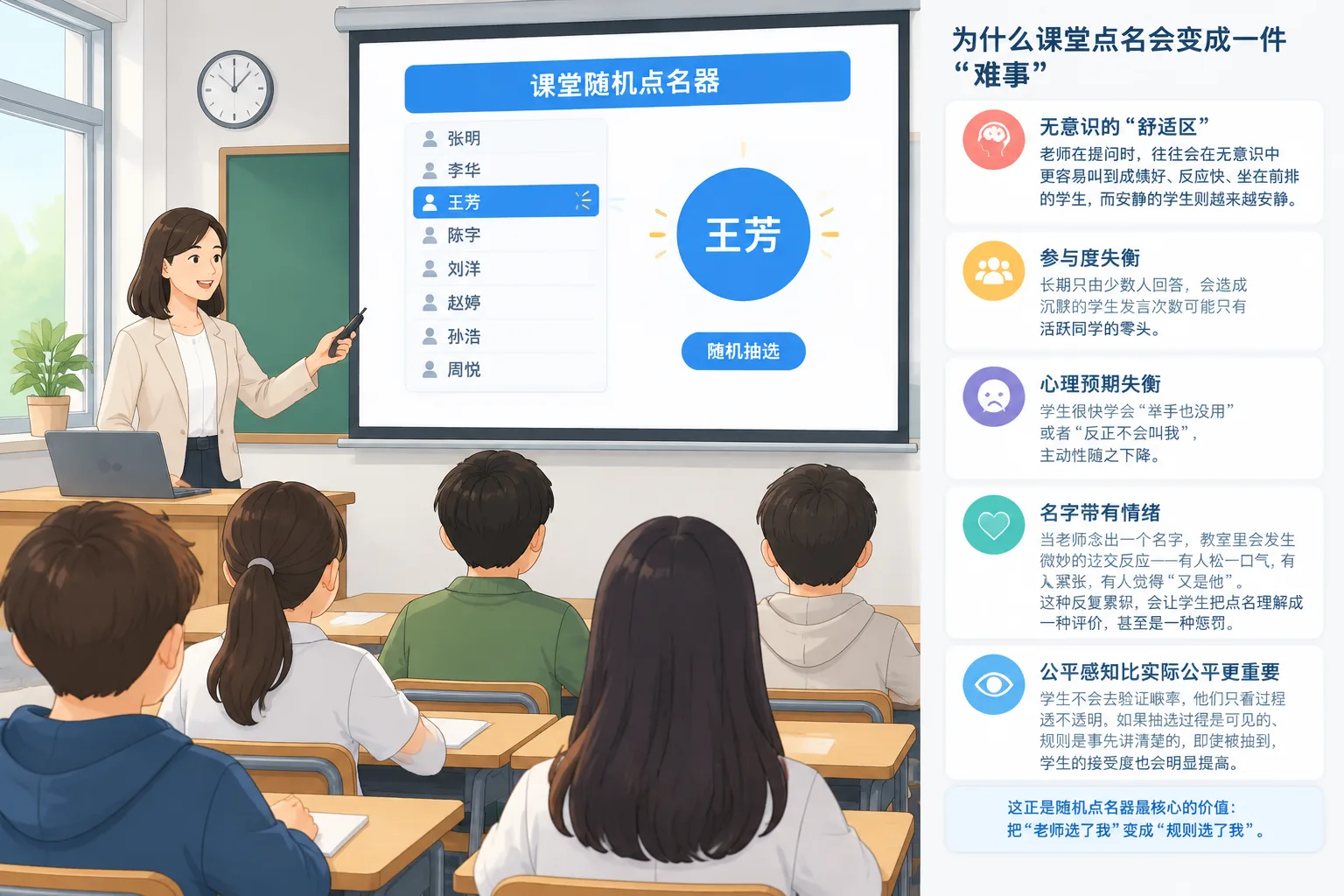 Clean instructional diagram of a teacher projecting a random student picker on screen