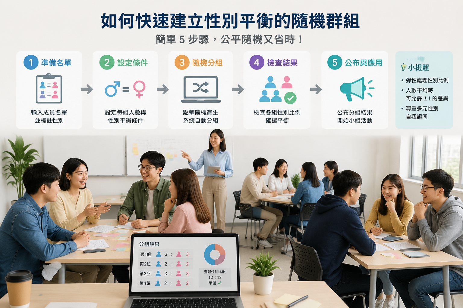 乾淨明亮的教室或工作坊場景，多位不同性別的學員分組討論，前方桌上放著筆電，畫面呈現隨機分組工具的步驟示意圖