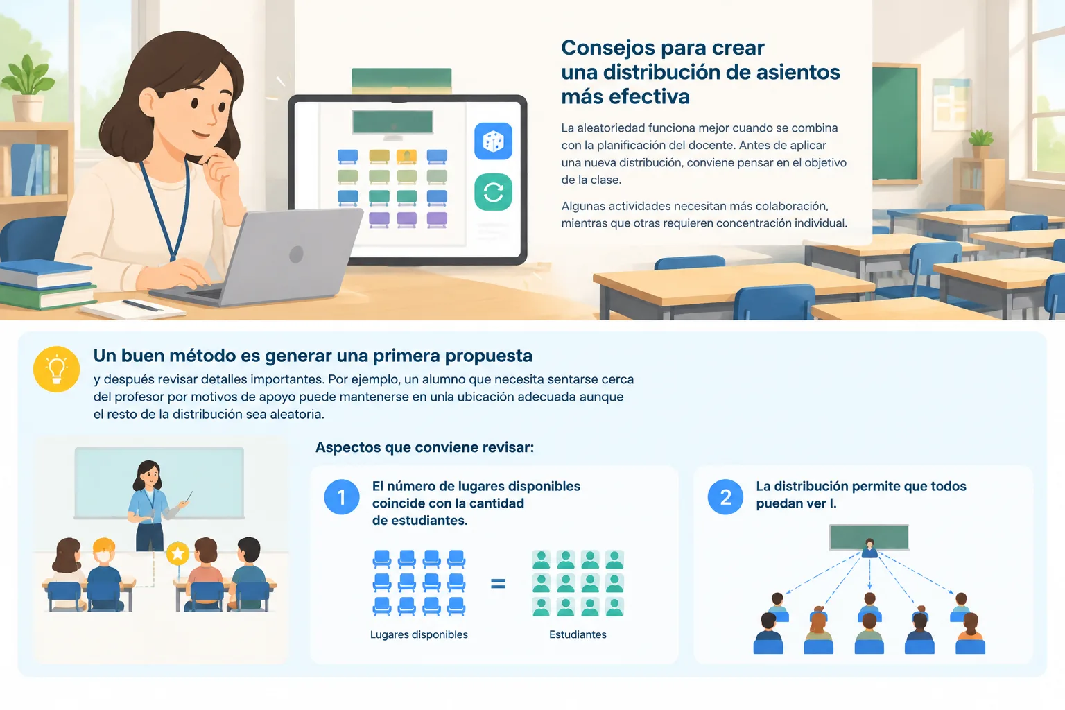 Infografía de buenas prácticas para revisar una distribución aleatoria de asientos antes de aplicarl