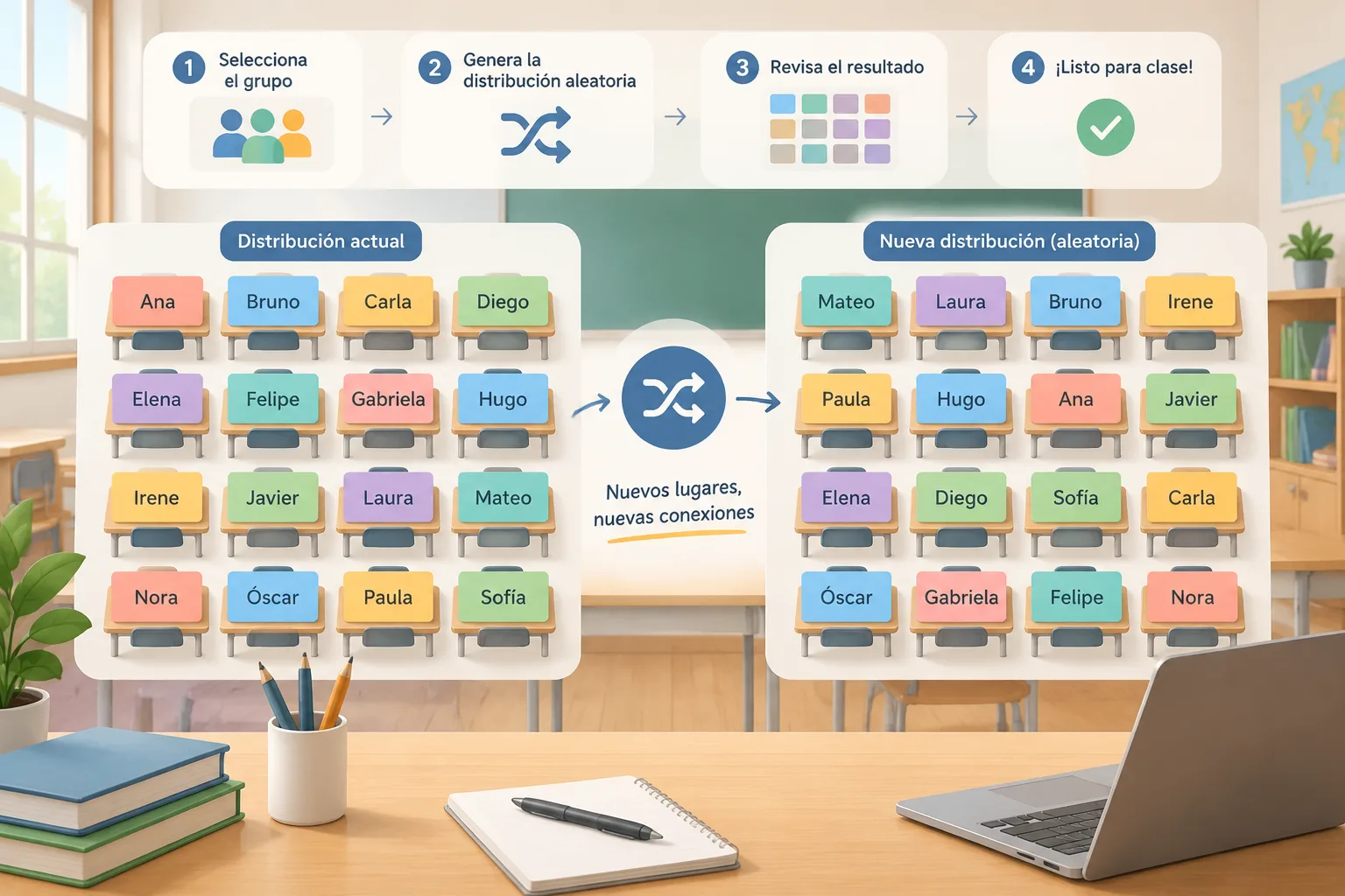 Ilustración educativa de una cuadrícula de asientos del aula con nombres representados por tarjetas