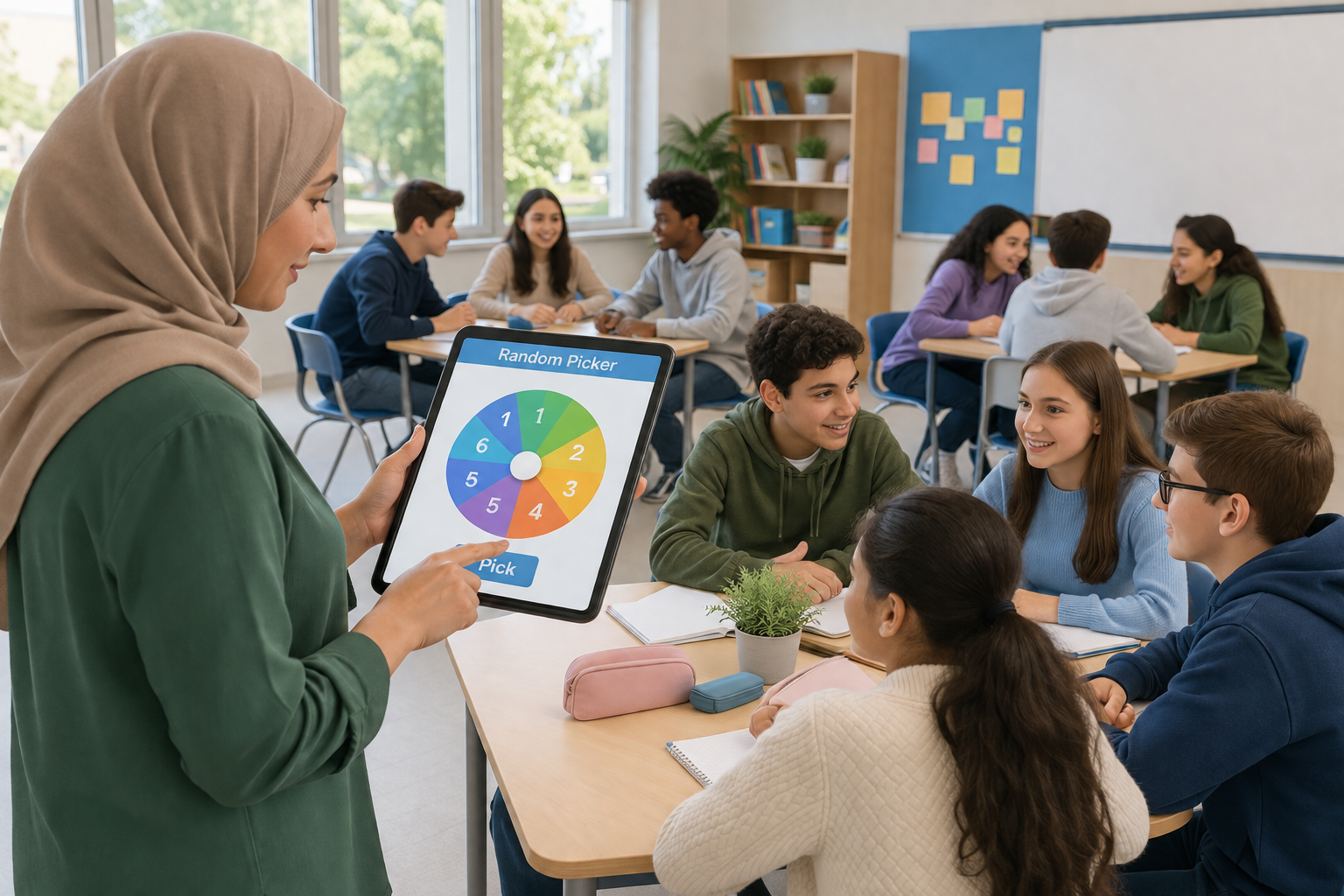 Illustration of a teacher using a tablet with a random picker app, students seated in mixed groups around a bright classroom, no logos.