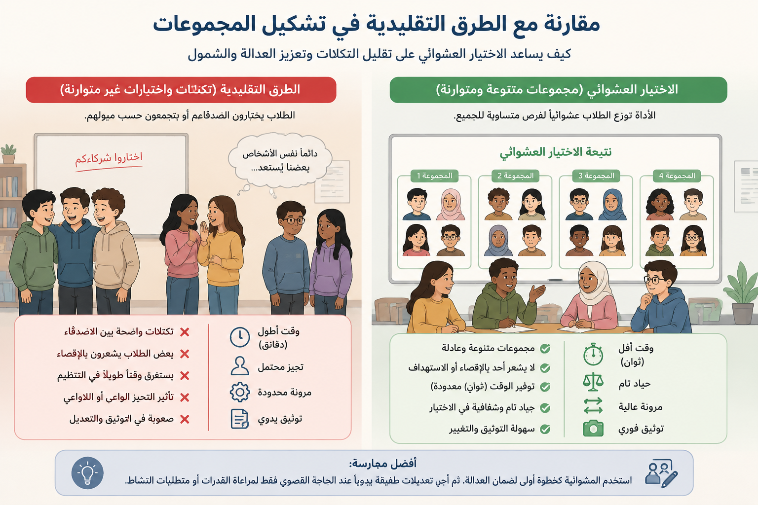 Comparison infographic, left side showing friends clustering together manually, right side showing evenly mixed random groups with labels about fairness and inclusion.