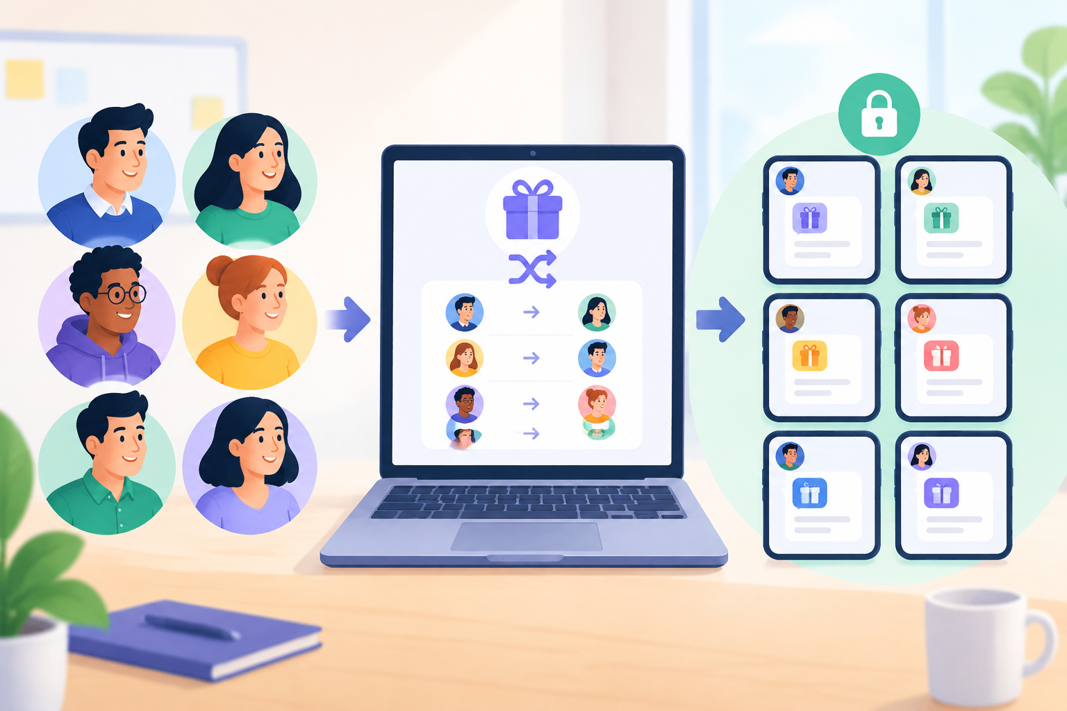Infografía limpia mostrando participantes, sorteo aleatorio y mensajes privados de asignación