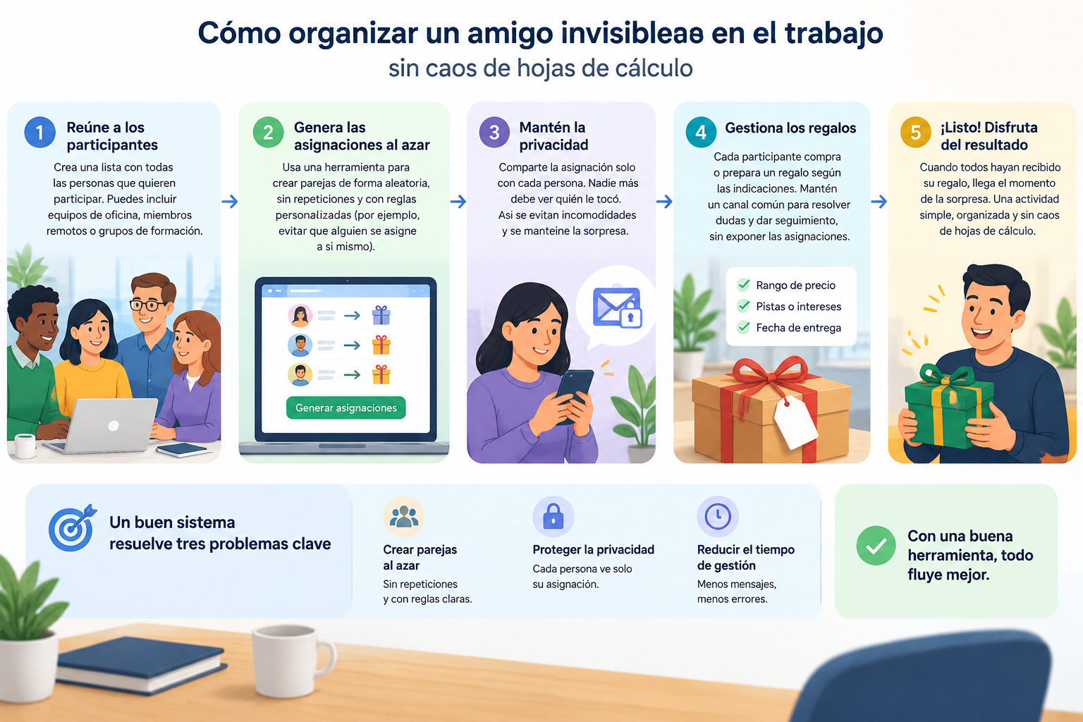 Diagrama instructivo de un flujo de amigo invisible laboral desde participantes hasta asignaciones p