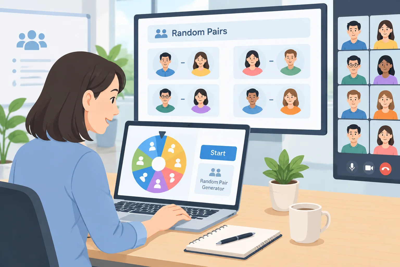 neutral workflow illustration showing facilitator preparing random pairs for an online workshop