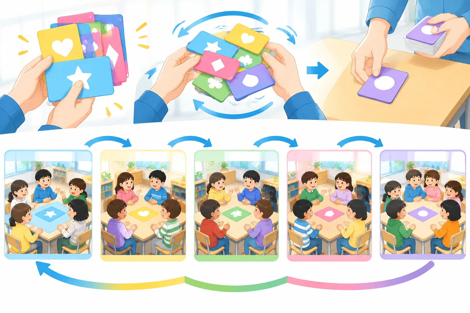 Clean instructional illustration of rotating group name cards being shuffled and dealt to five class