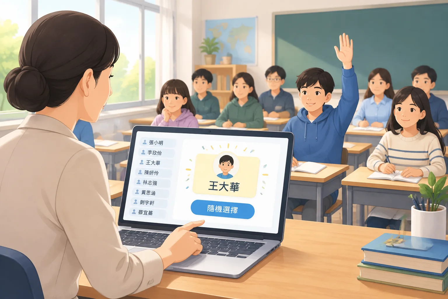 clean instructional diagram of a teacher using a random student picker on screen