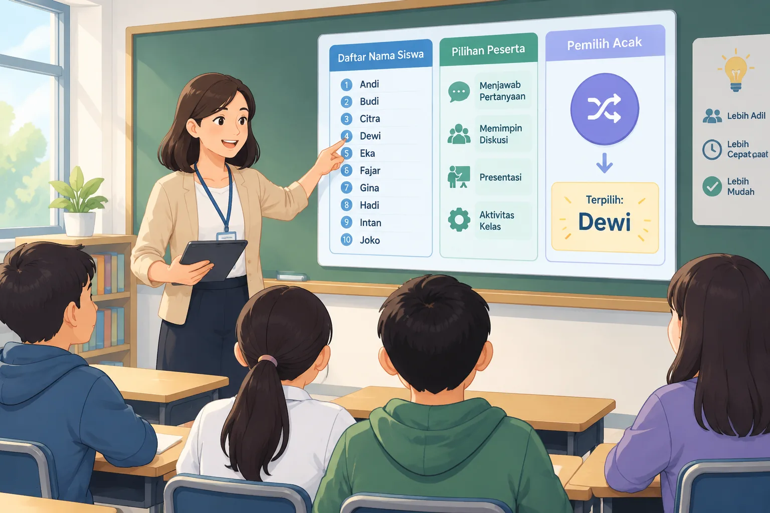 Ilustrasi diagram sederhana tentang guru menggunakan alat pemilih siswa acak dengan daftar nama dan