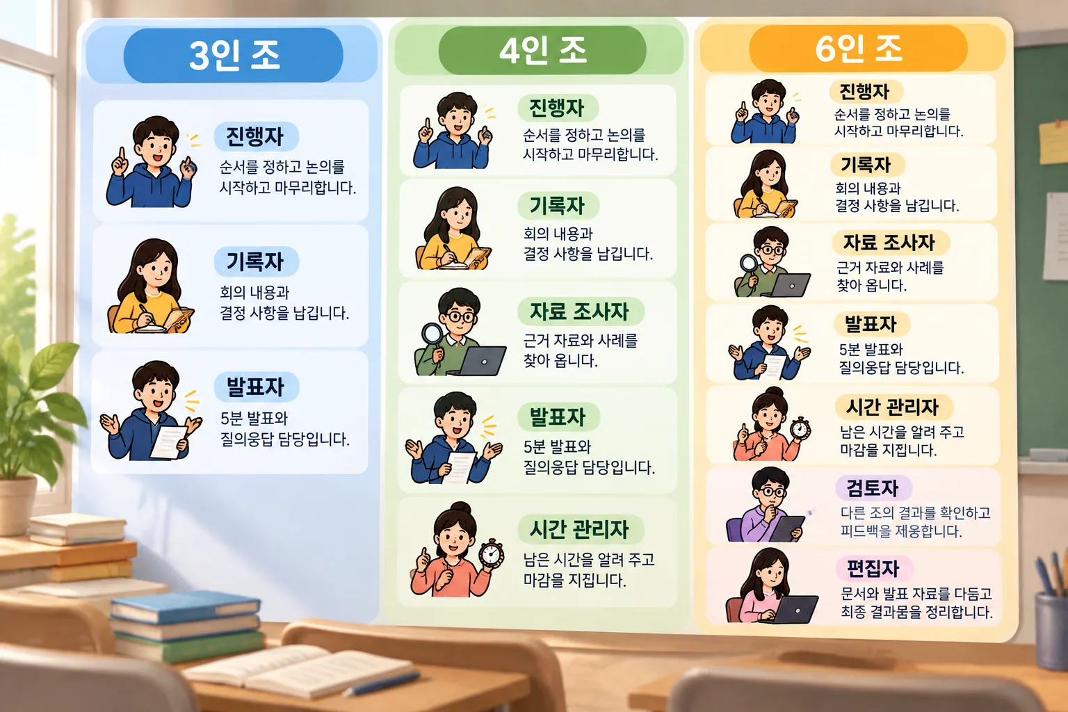 Simple comparison table illustration of role lists for three-person