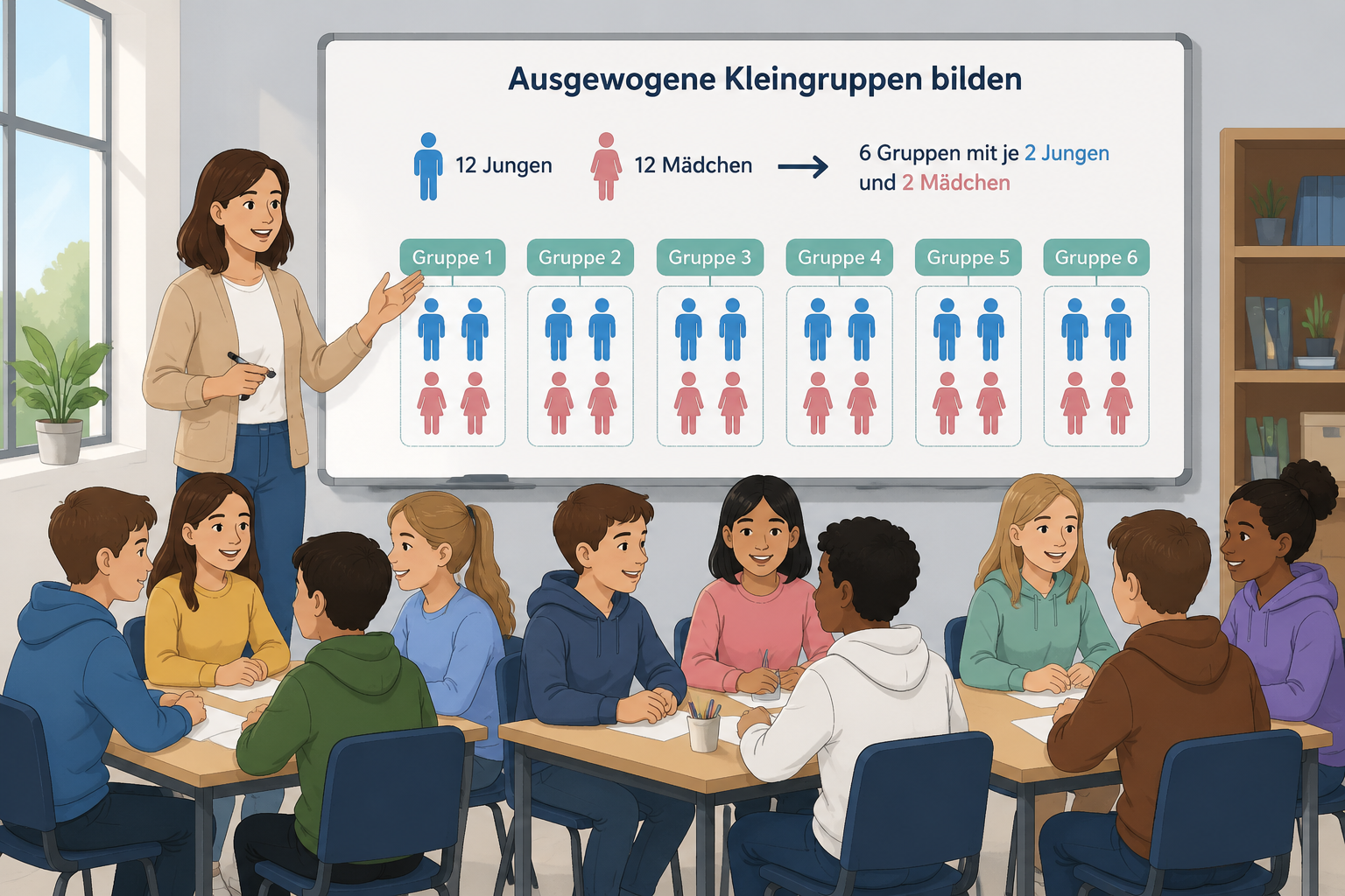 Eine digitale Illustration zeigt eine Lehrkraft, die eine Klasse in ausgewogene Kleingruppen aufteilt, mit Symbolen für Mädchen und Jungen gleichmäßig verteilt.