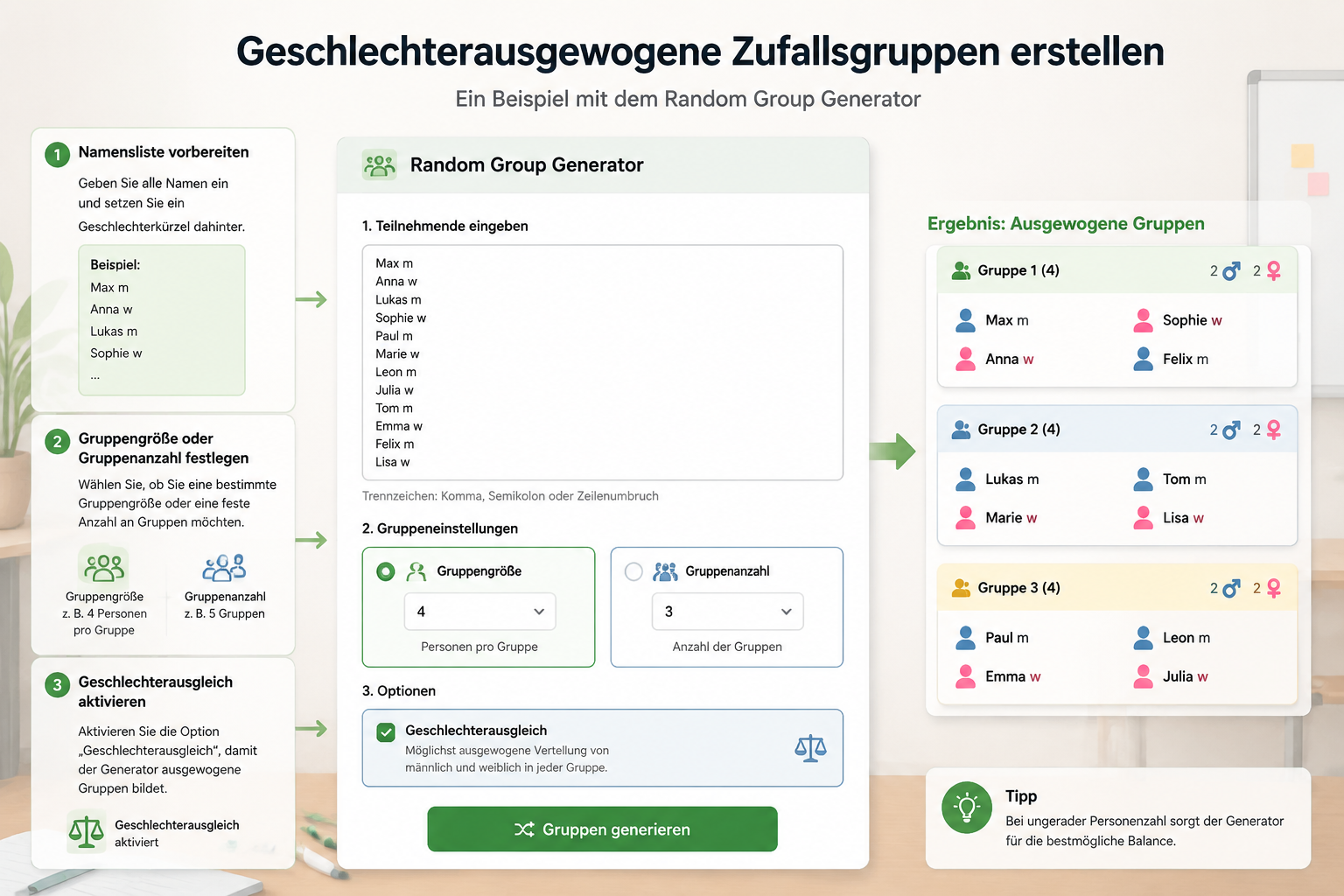 Ein schematisches UI-Mockup des Random Group Generators, das die Eingabe von Namen mit Geschlechterkürzeln und die Aktivierung der Option 'Geschlechterausgleich' zeigt, sowie die daraus resultierenden ausgewogenen Gruppen.