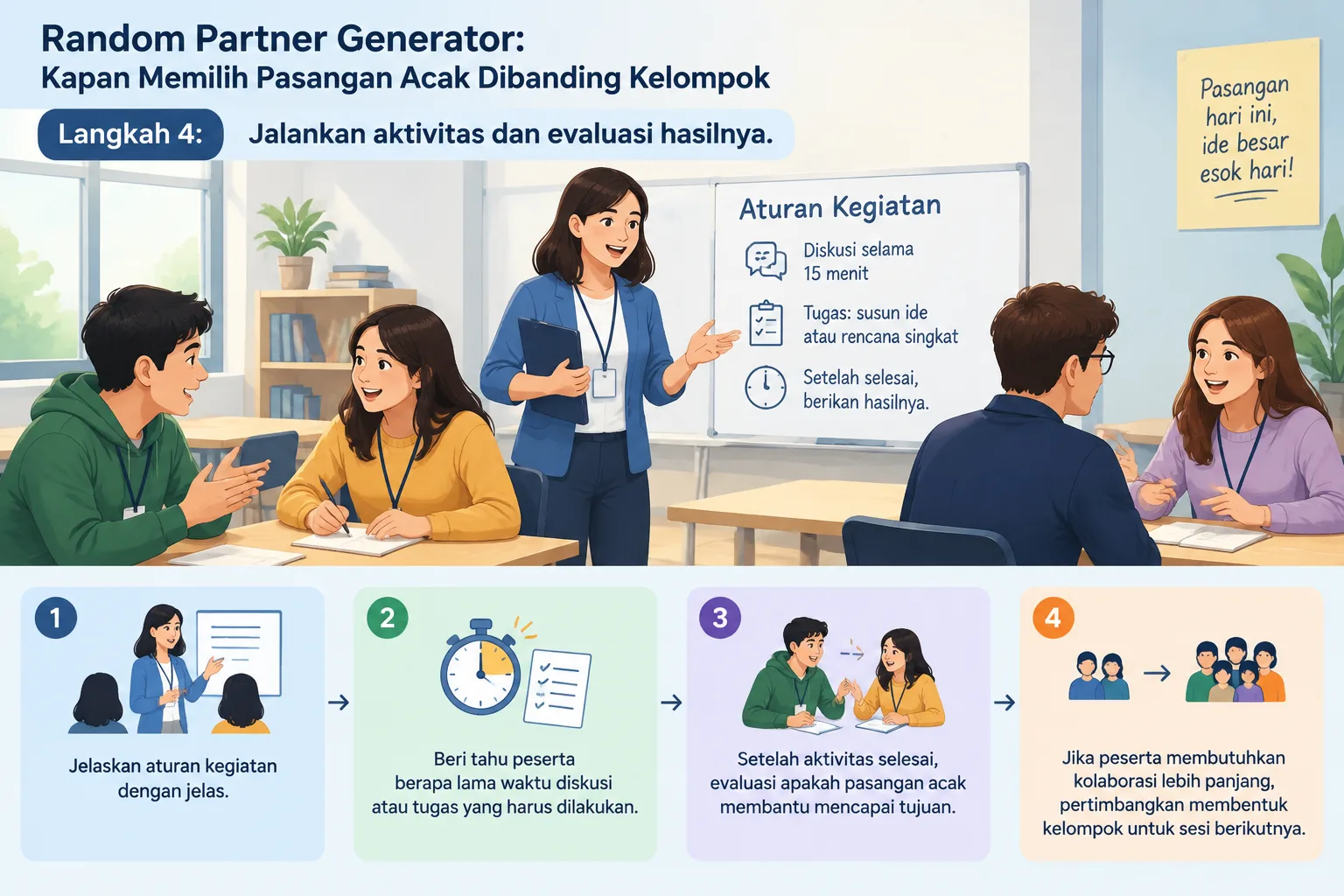Infografik langkah empat tahap menggunakan generator pasangan acak dari daftar nama hingga aktivitas