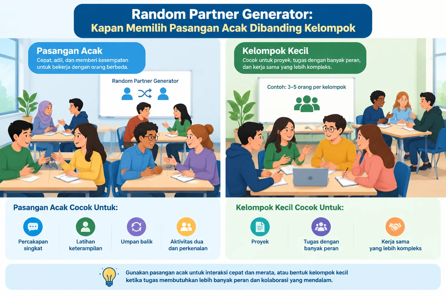 Ilustrasi diagram sederhana yang membandingkan pembagian peserta menjadi pasangan acak dan kelompok