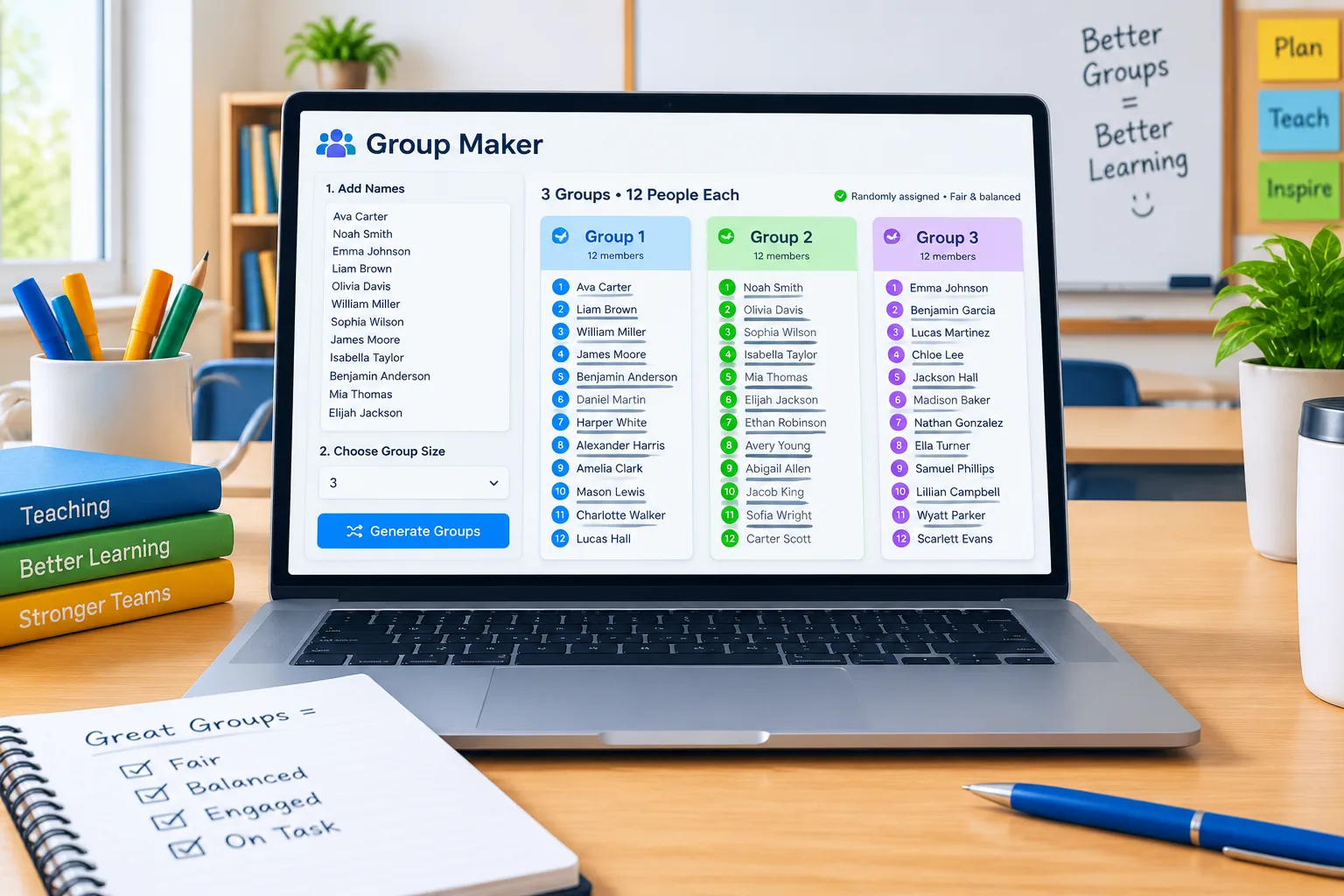 Clean instructional illustration of a teacher laptop screen splitting a list of names into three bal