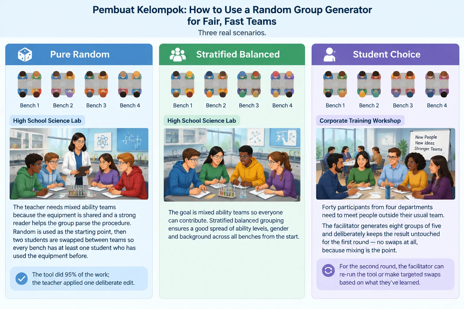 Comparison infographic of three grouping methods