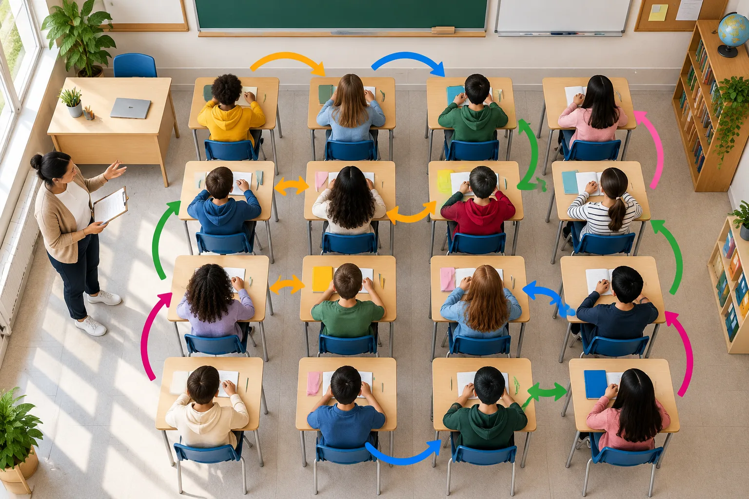 Vista superior de un aula con pupitres en cuadrícula de cuatro filas y flechas curvas que indican un