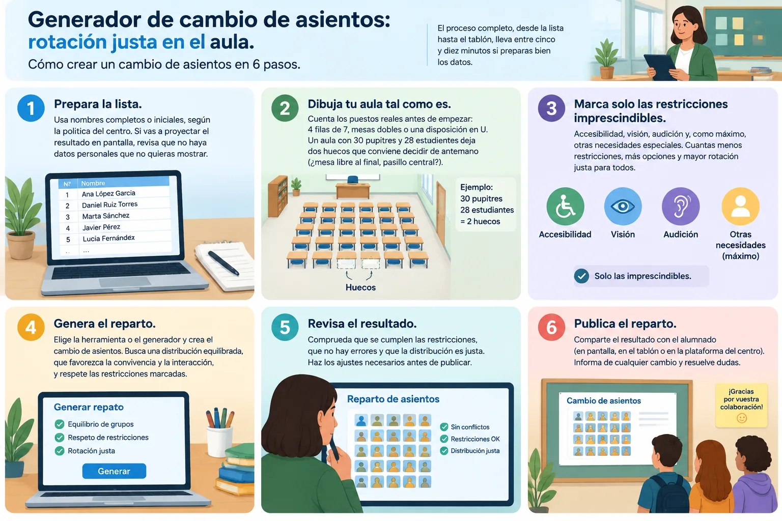 Infografía de seis pasos numerados que muestra lista de alumnos