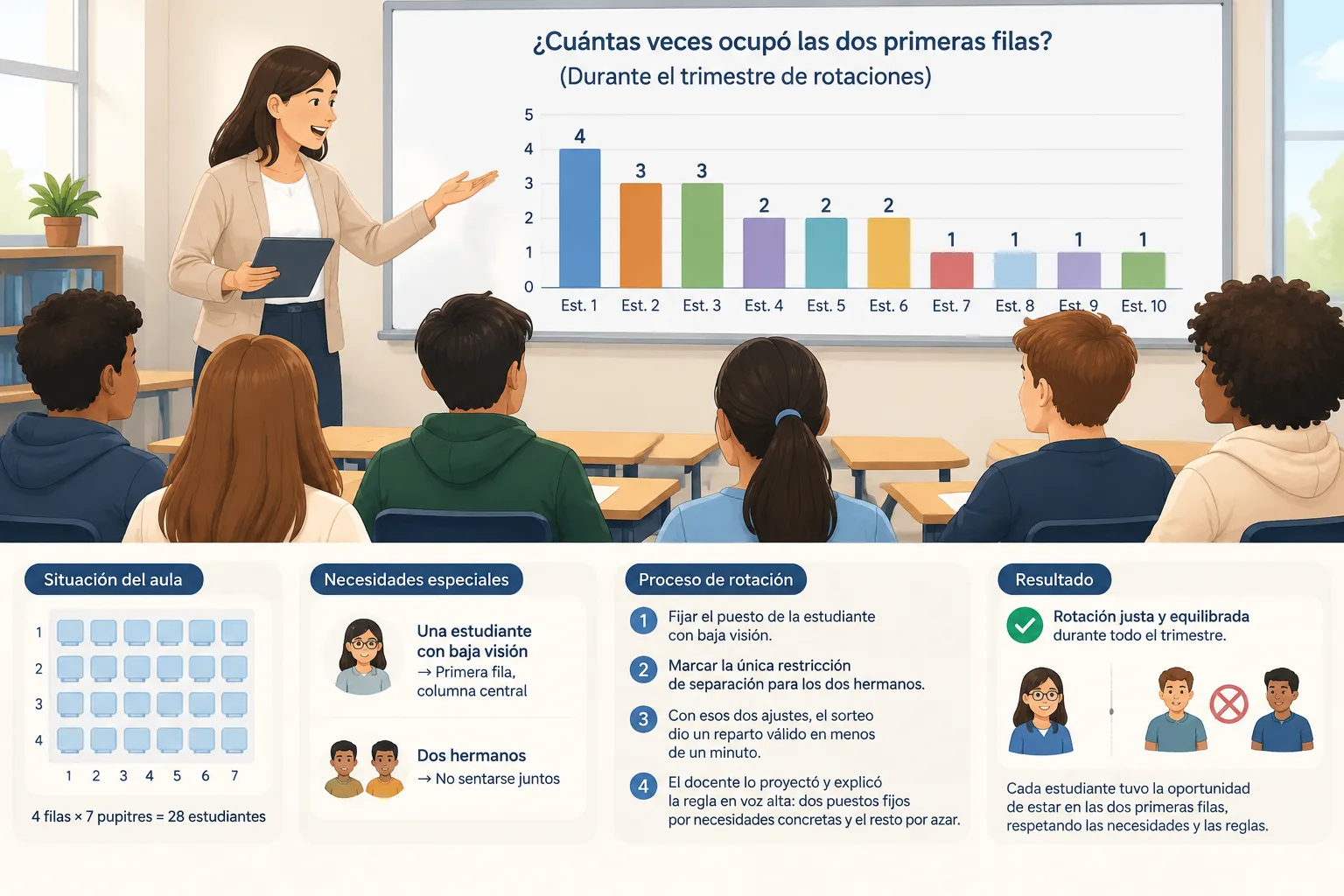 Gráfico de barras sencillo que compara cuántas veces cada estudiante ocupó las dos primeras filas du