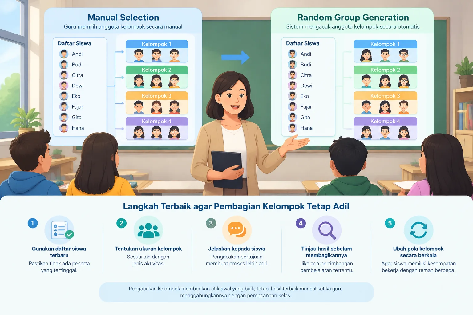 Simple classroom grouping diagram comparing manual selection and random group generation workflow