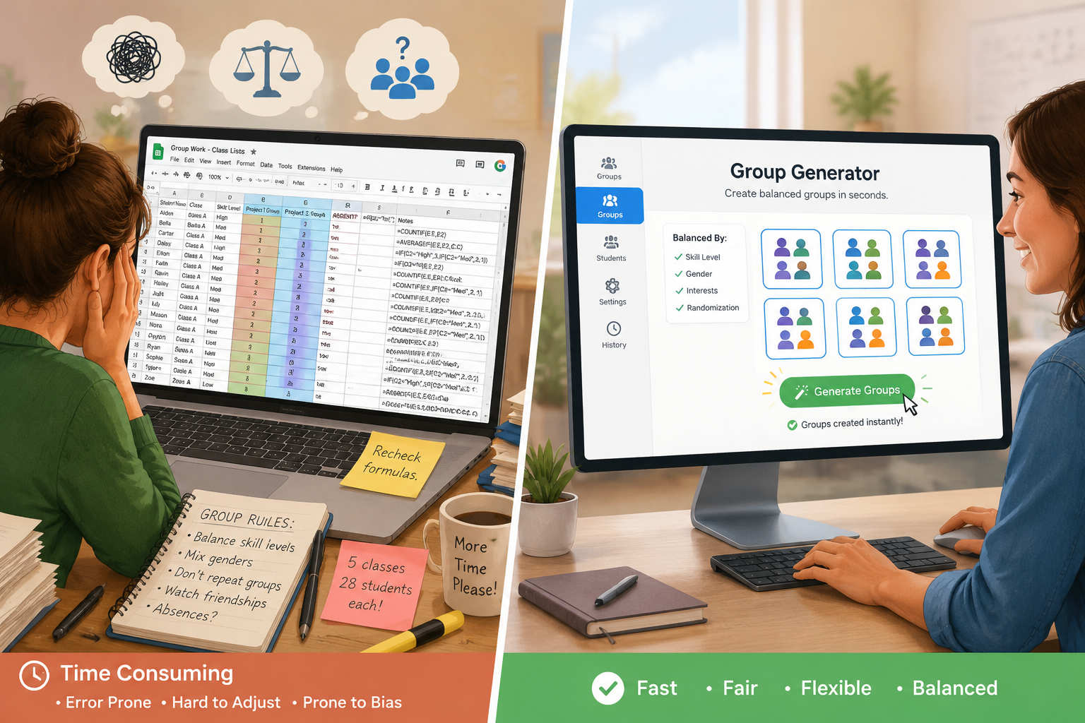 A split-screen illustration showing a teacher at a desk on one side with a cluttered spreadsheet filled with formulas, and on the other side a clean online grouping interface with a single button to generate groups instantly.