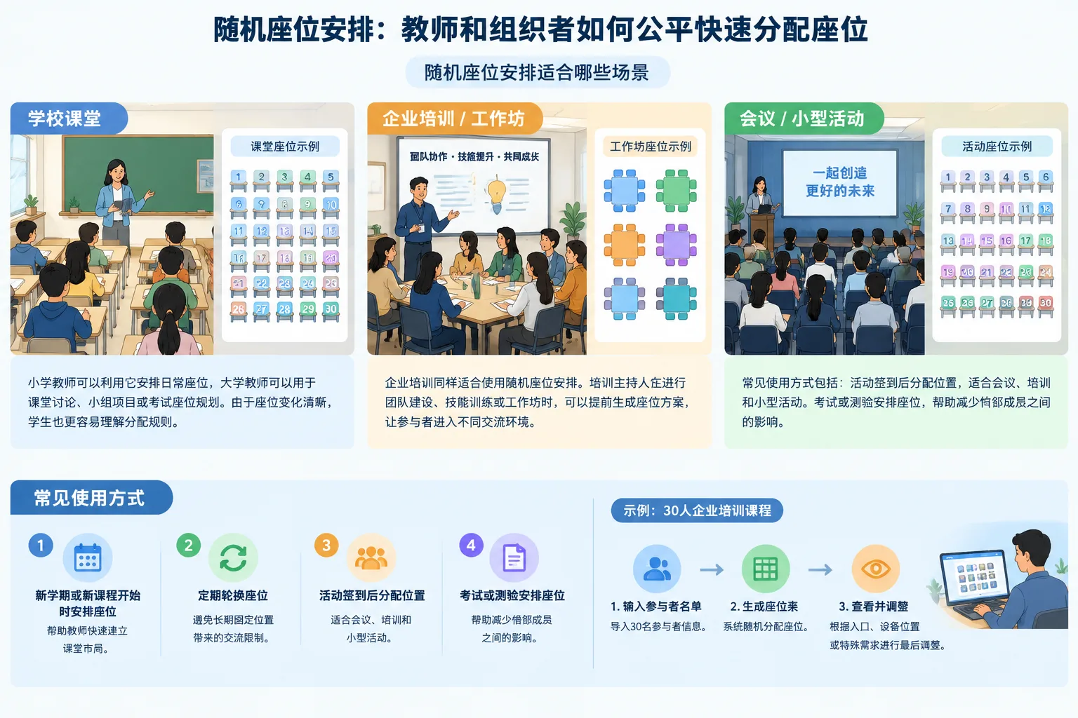instructional illustration comparing classroom, workshop, and event seating layouts