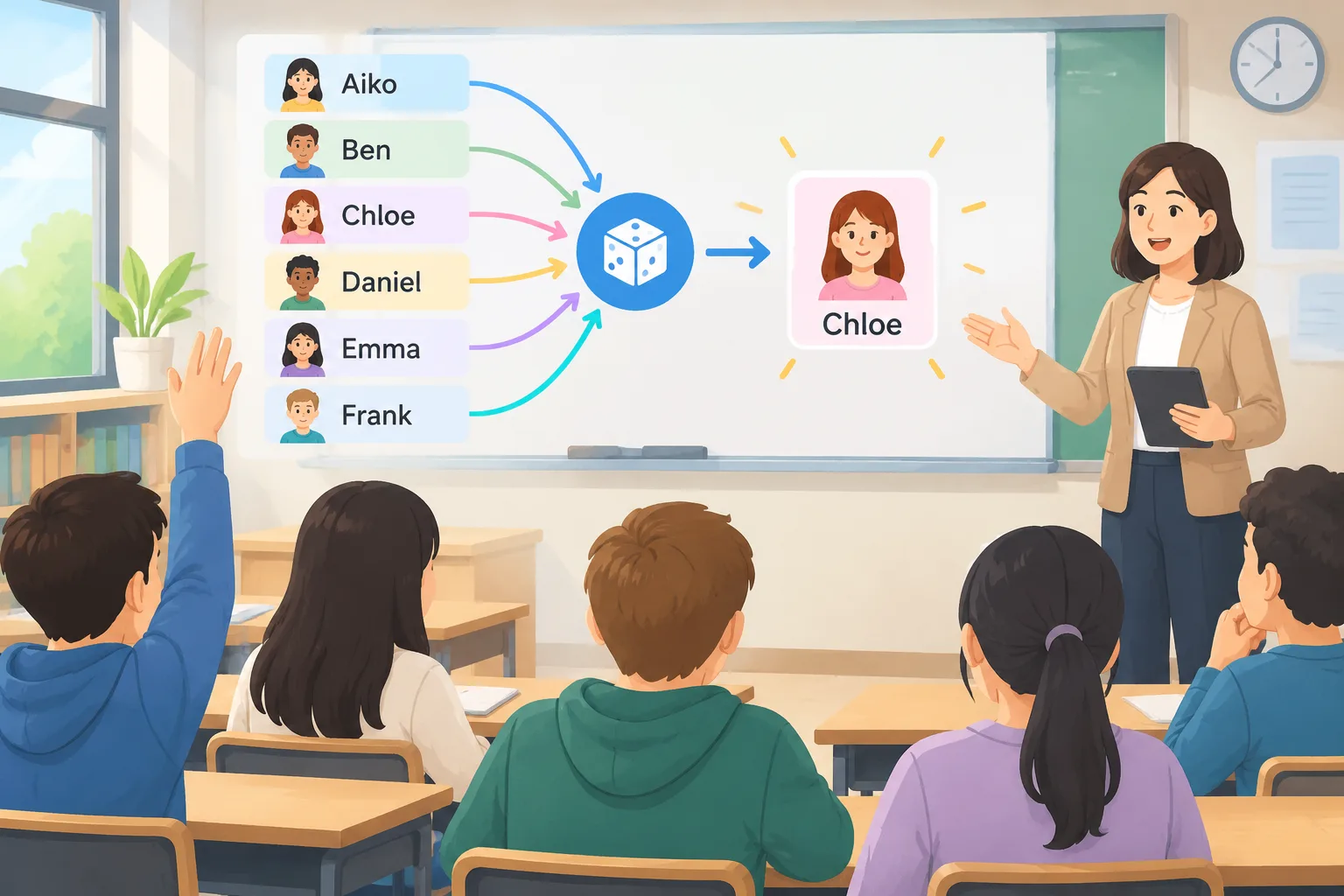 Ilustrasi diagram kelas sederhana dengan beberapa nama siswa di kotak dan panah acak menuju satu nam