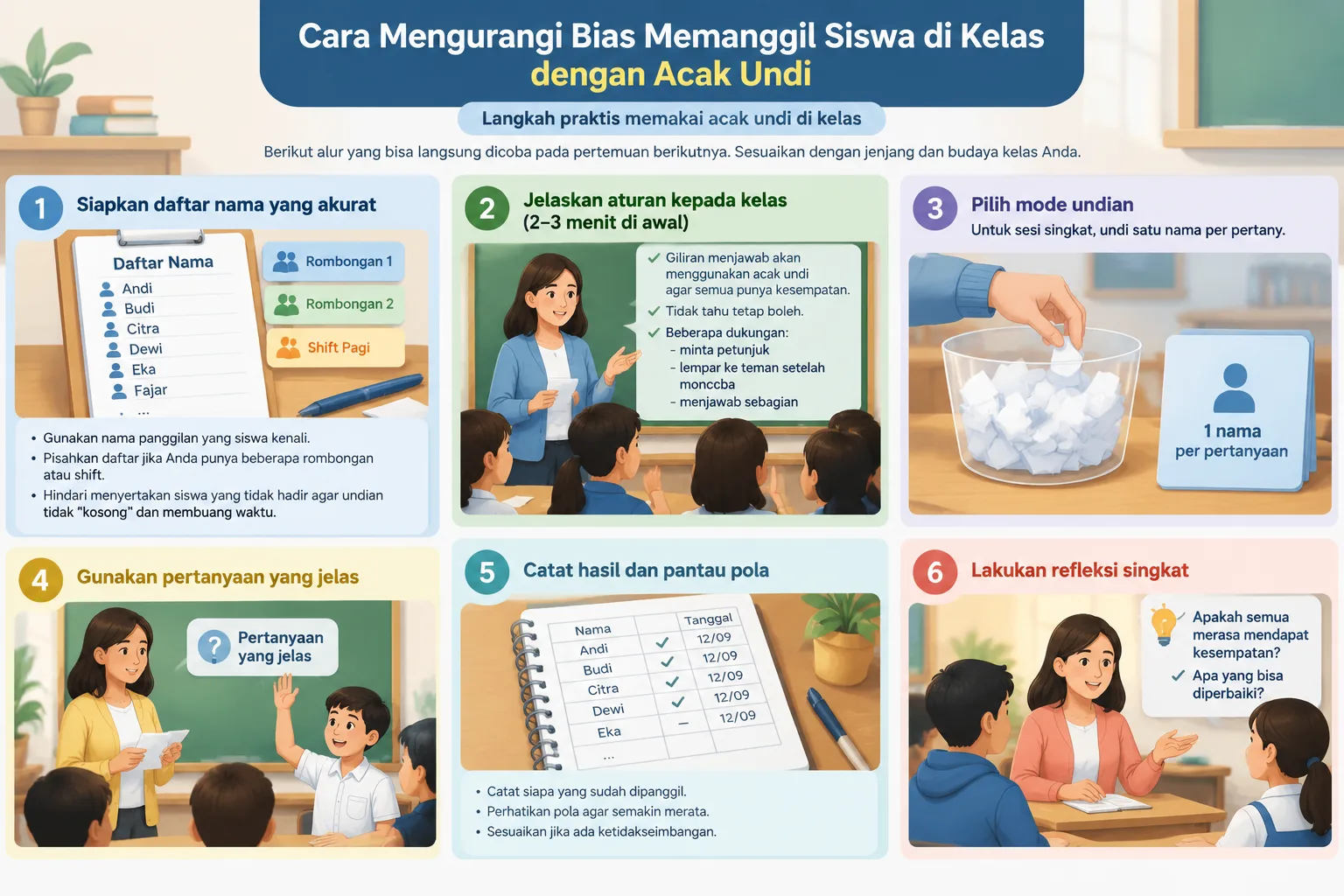 Infografis langkah demi langkah enam tahap memakai pemilih acak di kelas
