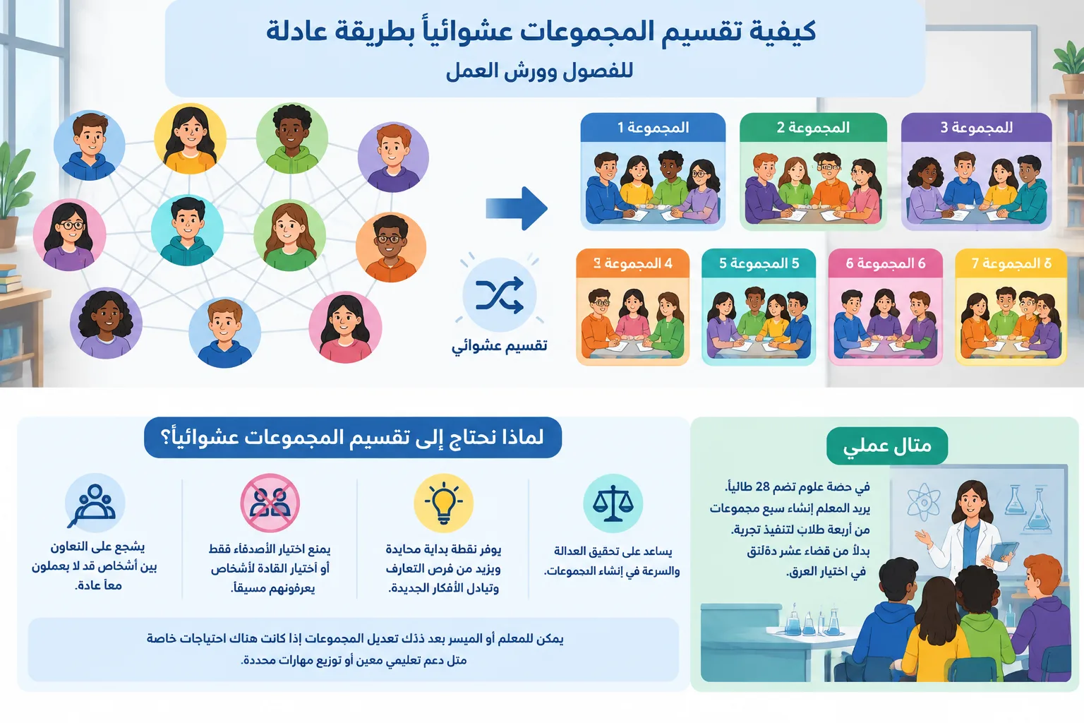 تصميم تعليمي يوضح شبكة من المشاركين تتحول إلى مجموعات متوازنة بطريقة عشوائية